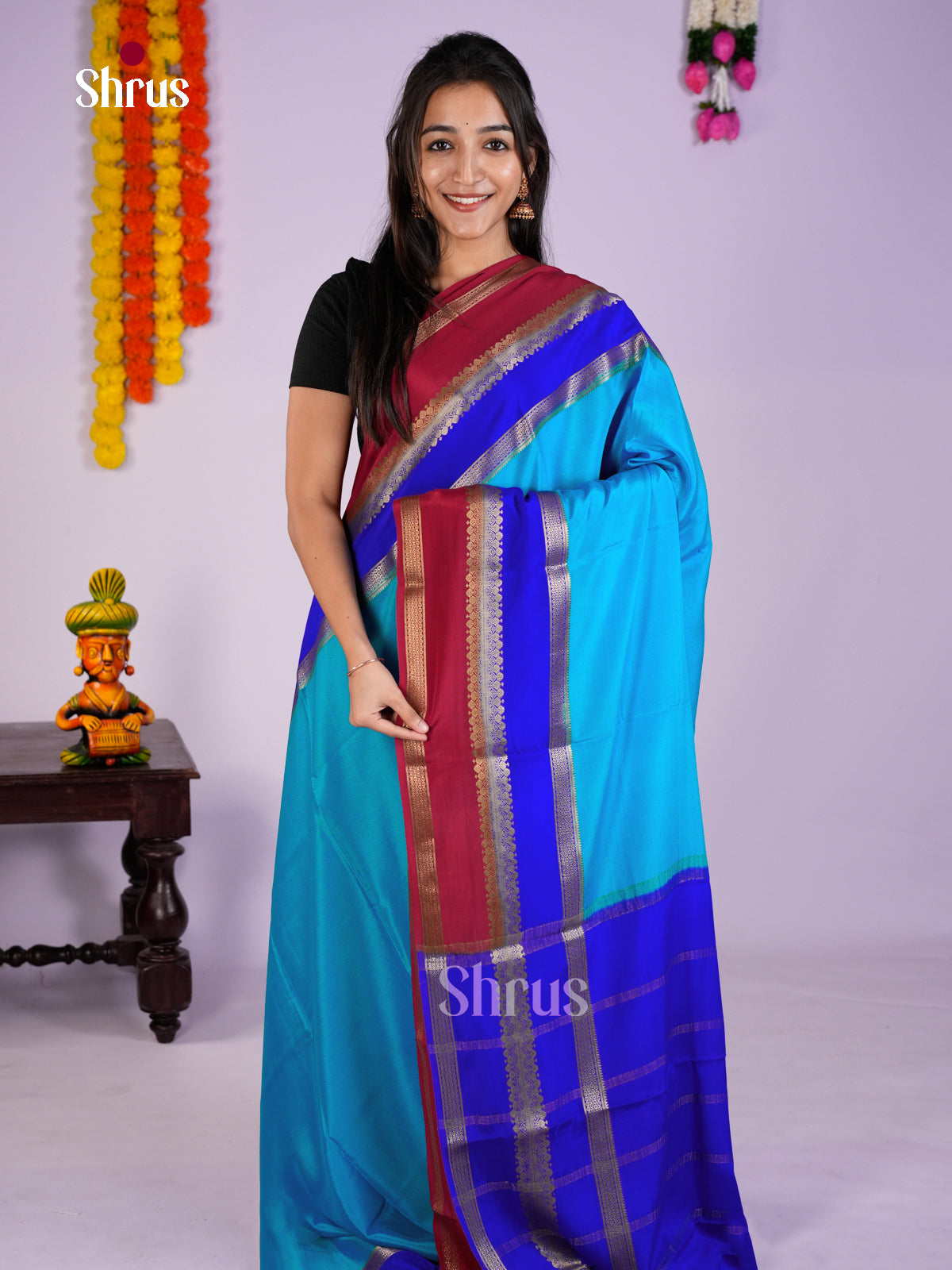 Buy Celestial Blue Mysore Silk Saree with Maroon & Dark Blue Dual Zari Border & Chit Pallu