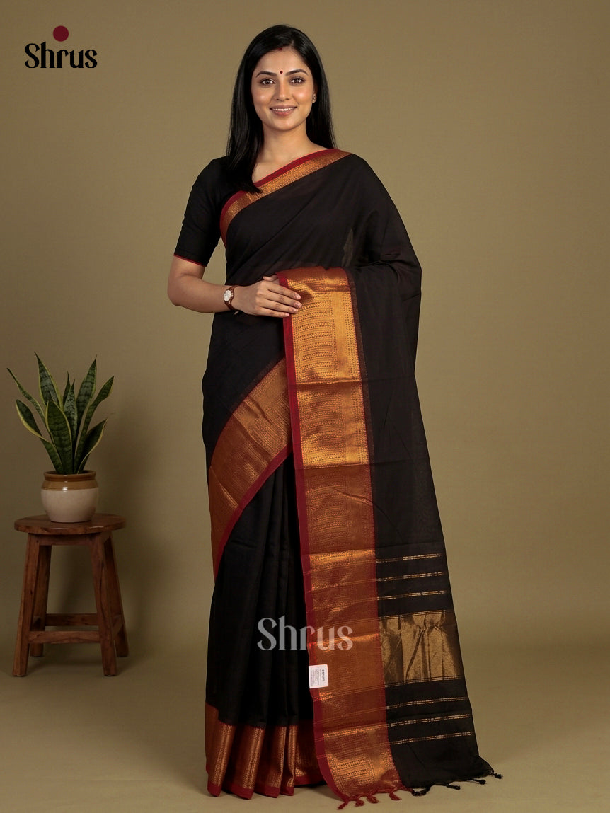 Mystique Black Chettinad Cotton Saree With Plain Body & Maroon Broad Zari Border