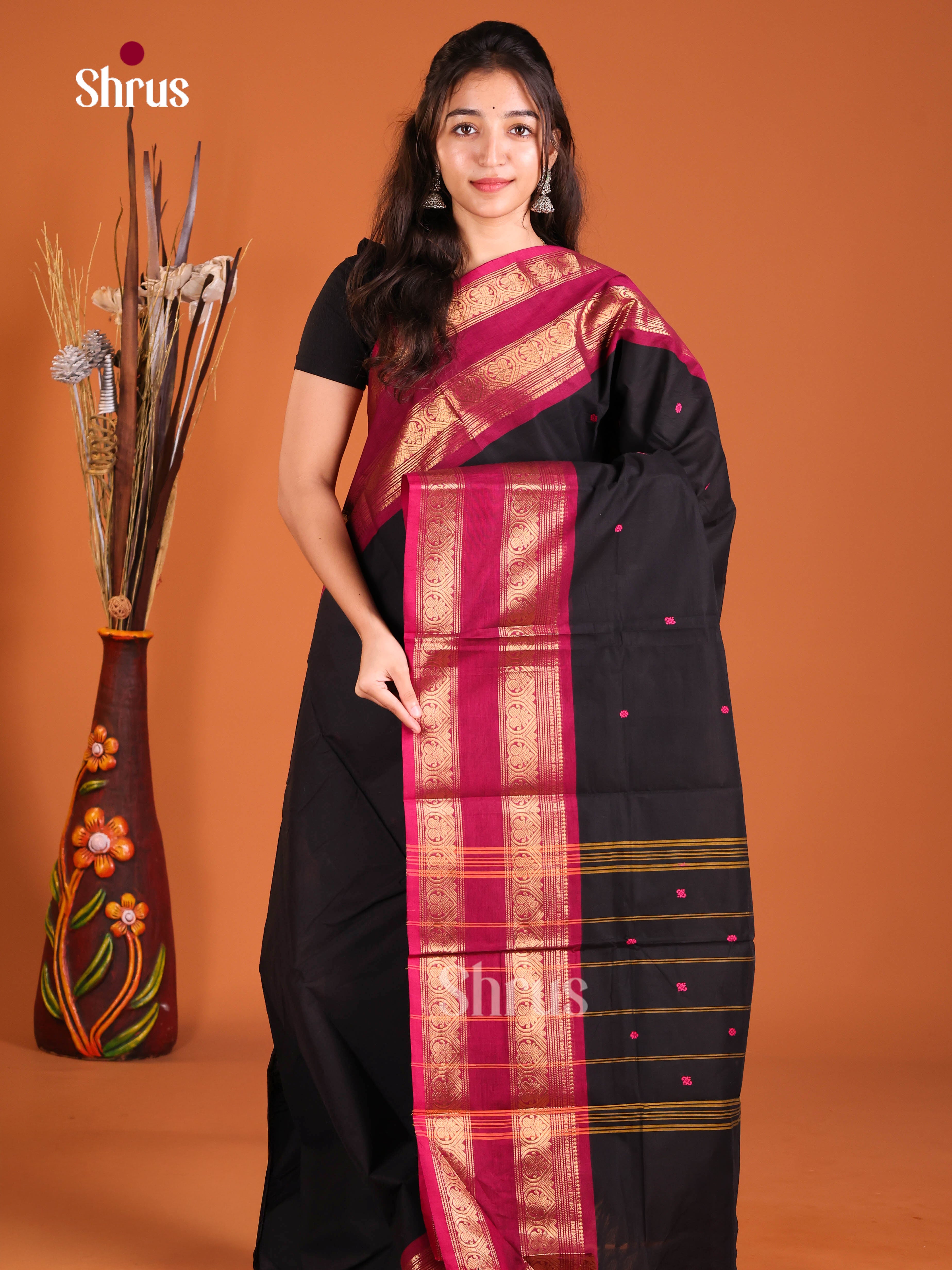 Mystique Black Chettinad Cotton Saree With Thread Buttas & Deep Pink Rettapet Zari Border