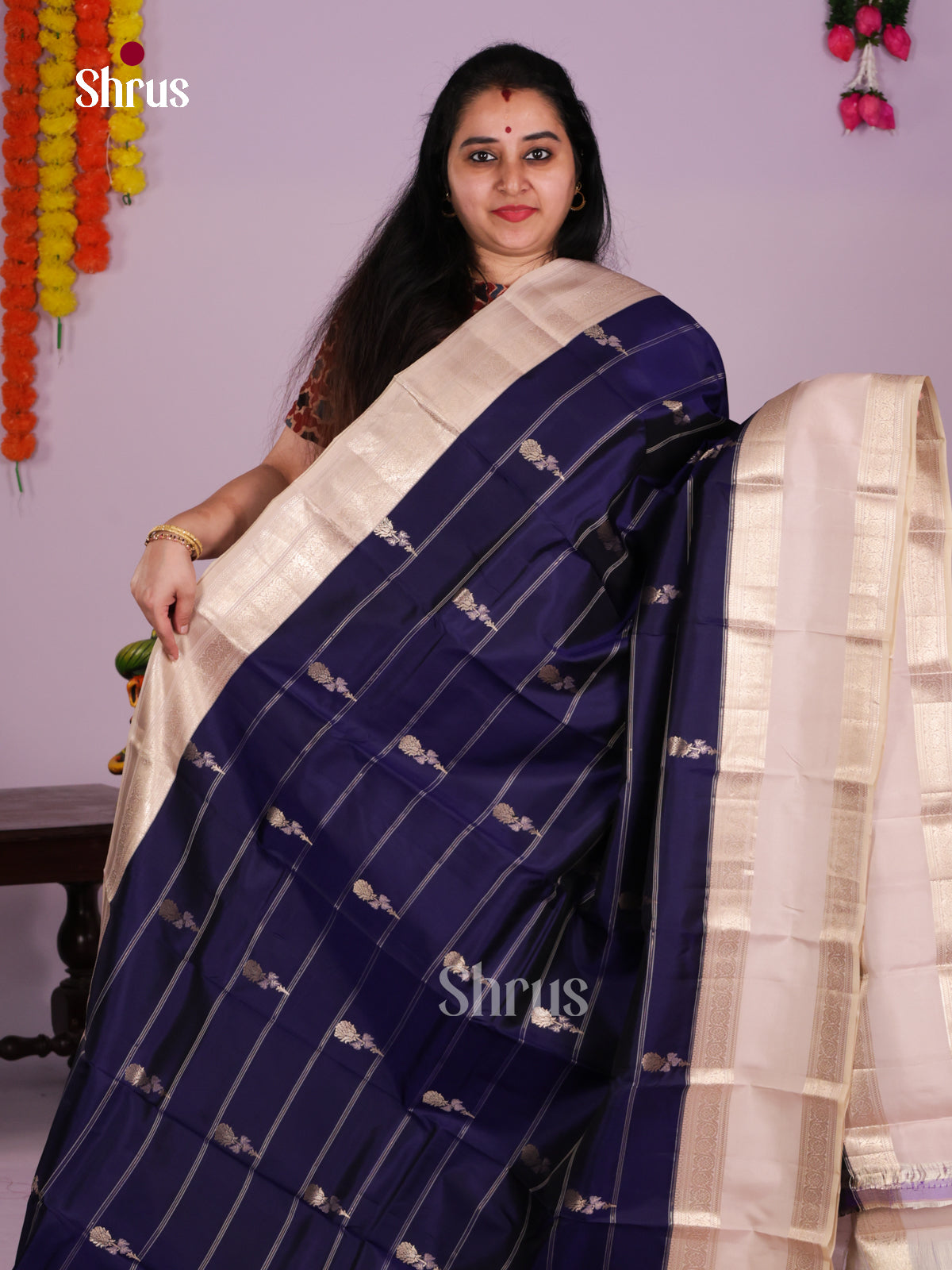 Buy Chic Navy Blue Kanchipuram Saree With Gold Stripes & Buttas, Cream Rettaipet Border & Pallu