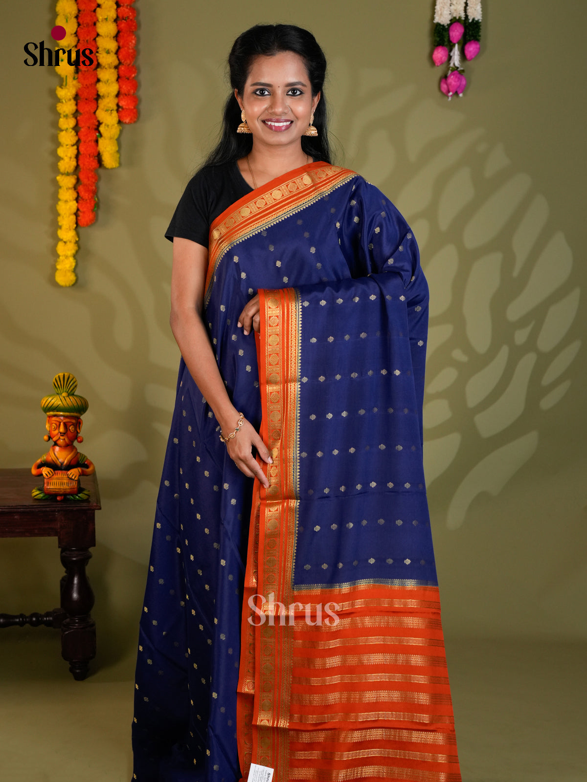 Buy Vibrant Navy Blue Mysore Silk Saree with Gold Buttas, Orange Zari Border & Striped Pallu