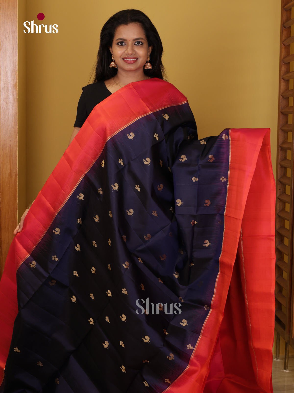 Buy Timeless Navy Blue Pure Soft Silk Saree With Golden Bird Motifs, Red Border & Brocade Pallu