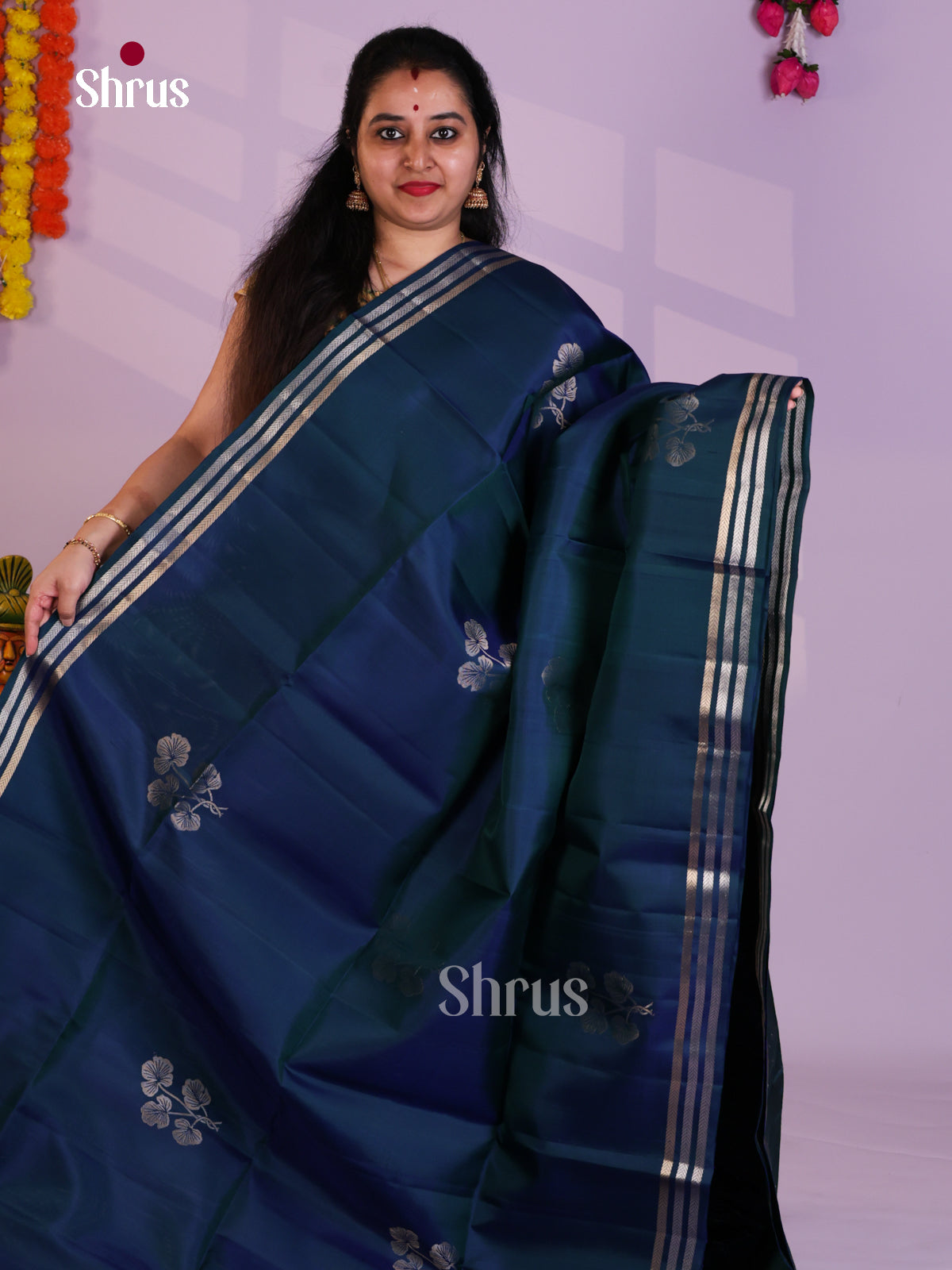 Buy Celestial Navy Blue Pure Soft Silk Saree with Zari Floral Motifs, Striped Border & Brocade Pallu