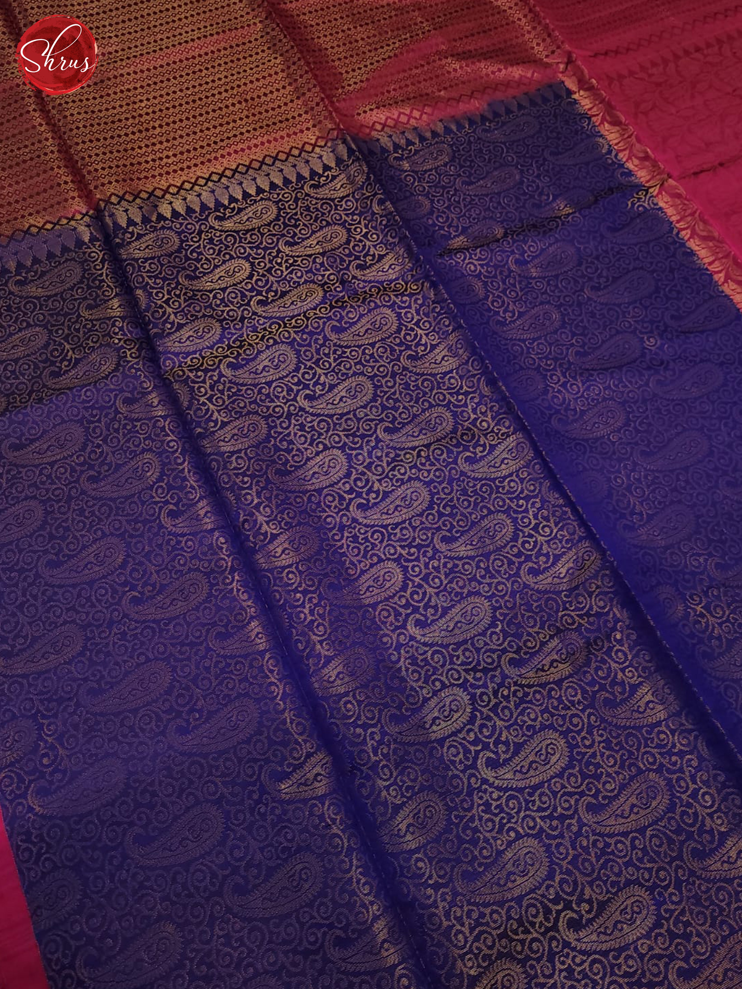Buy Shimmery Navy Blue Silk Saree With Gold Zari Paisley Manga Motifs, Deep Pink Border & Pallu