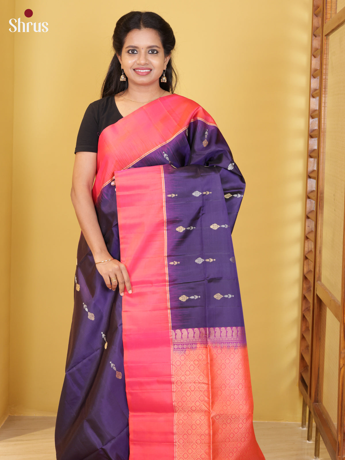 Buy Elegant Navy Blue Soft Silk Saree with Gold & Silver Zari Woven Buttas, Pink Border & Brocade Pallu