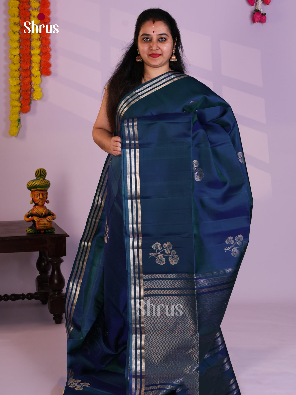 Buy Celestial Navy Blue Soft Silk Saree with Zari Floral Motifs, Striped Border & Brocade Pallu