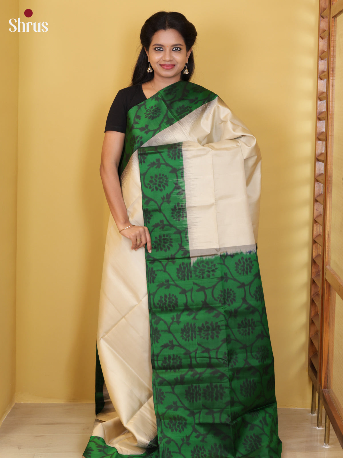 Buy Classic Off White Soft Silk Saree with Green Floral Ikkat Border & Brocade Pallu
