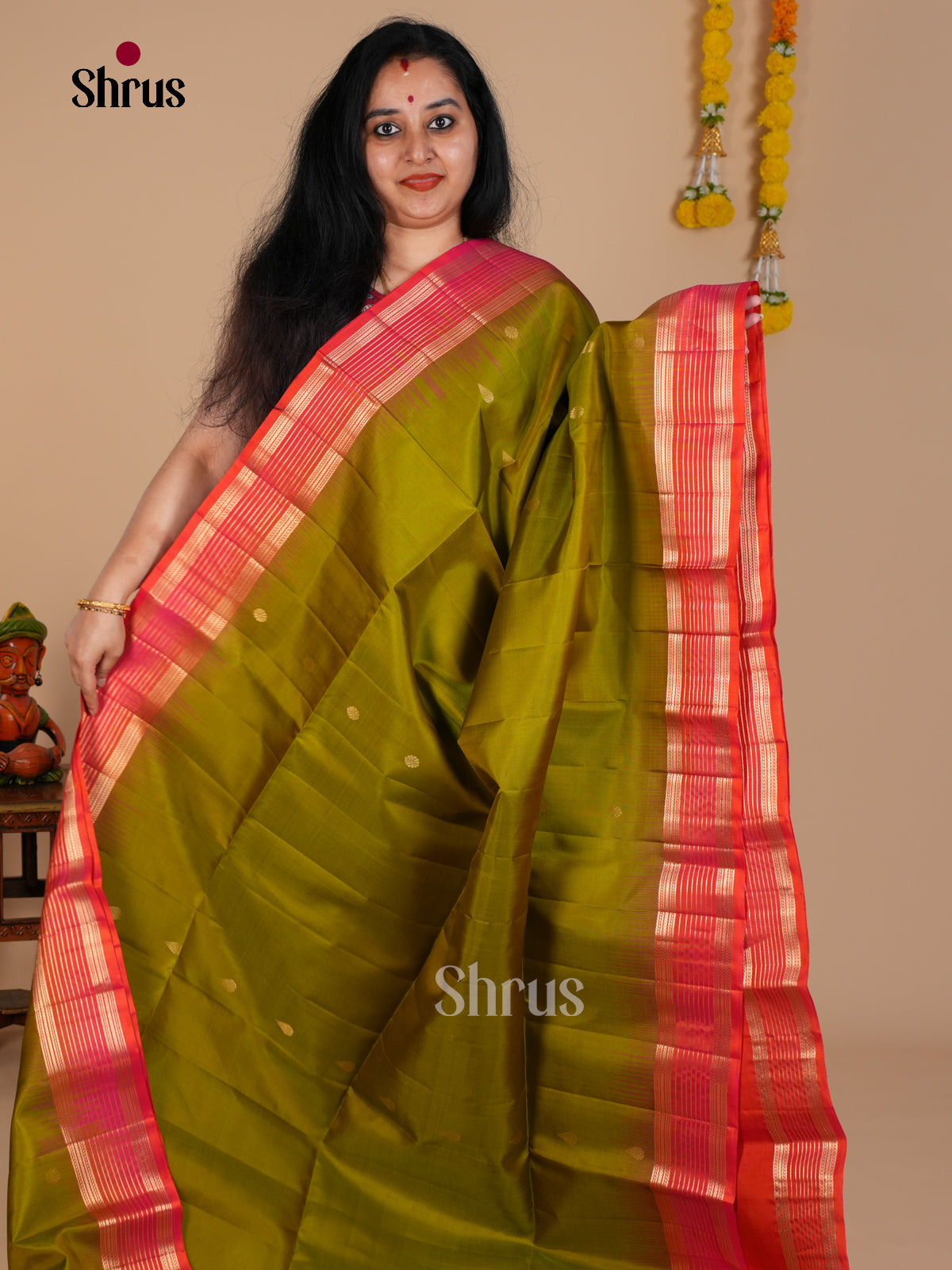 Buy Regal Olive Green Pure Soft Silk Saree With Zari Buttas, Red Zari Striped Border & Brocade Pallu