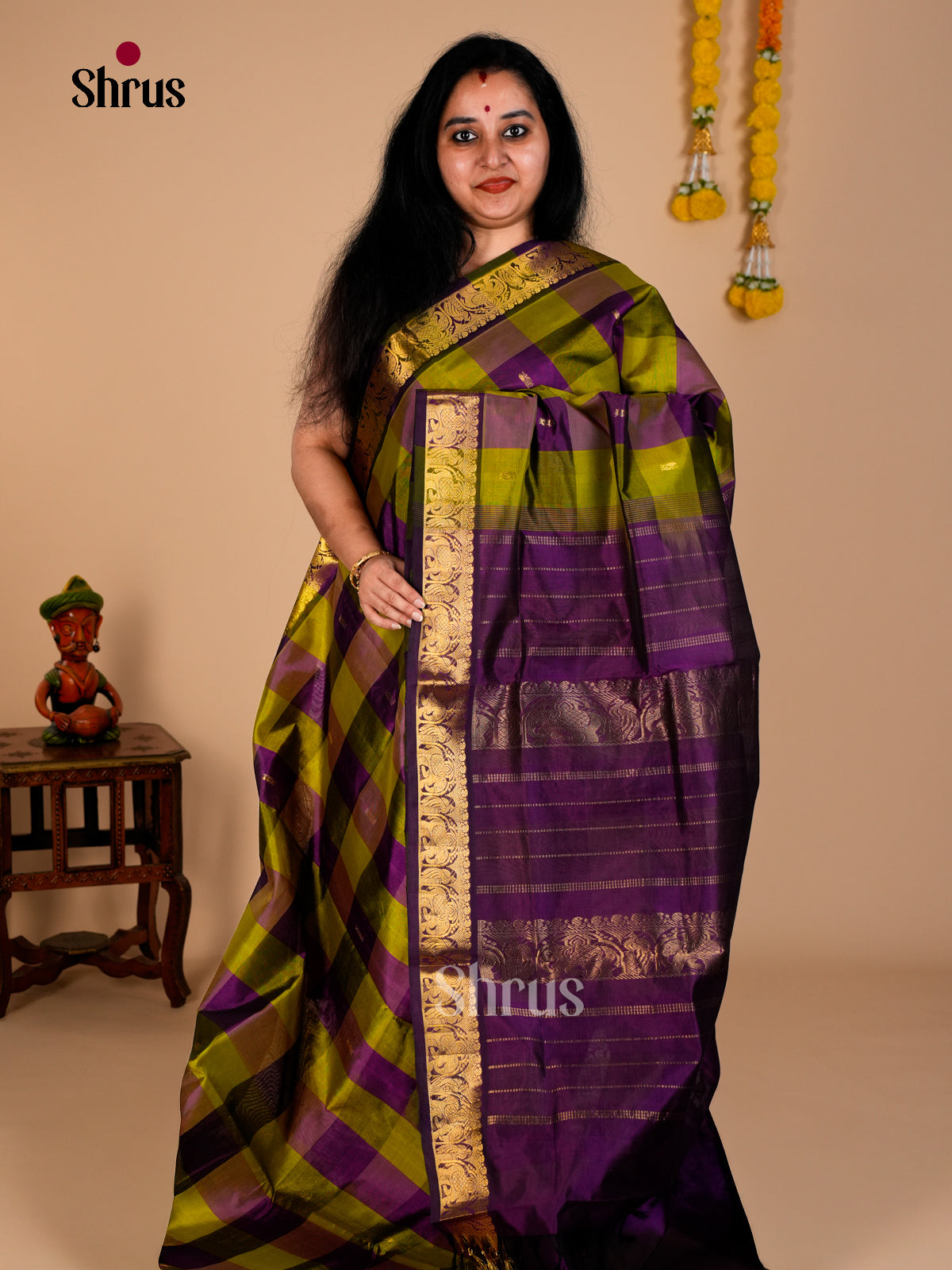 Buy Pretty Olive Green & Purple Silk Cotton Saree With Paalum Pazhamum Checks & Purple Zari Border
