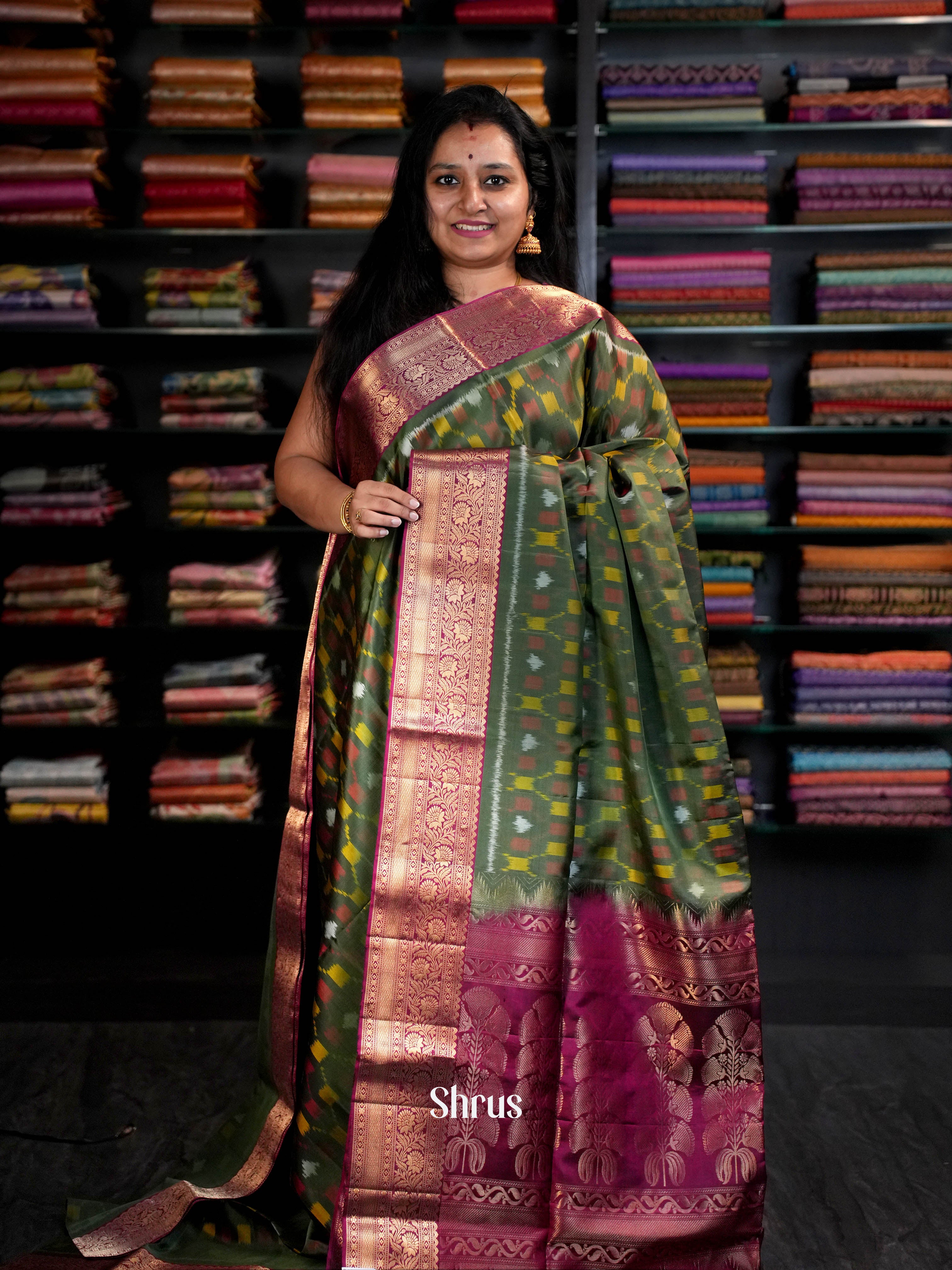 Artistic Olive Green Soft Silk Saree With Geometric Ikkat Prints, Magenta Zari Border & Pallu