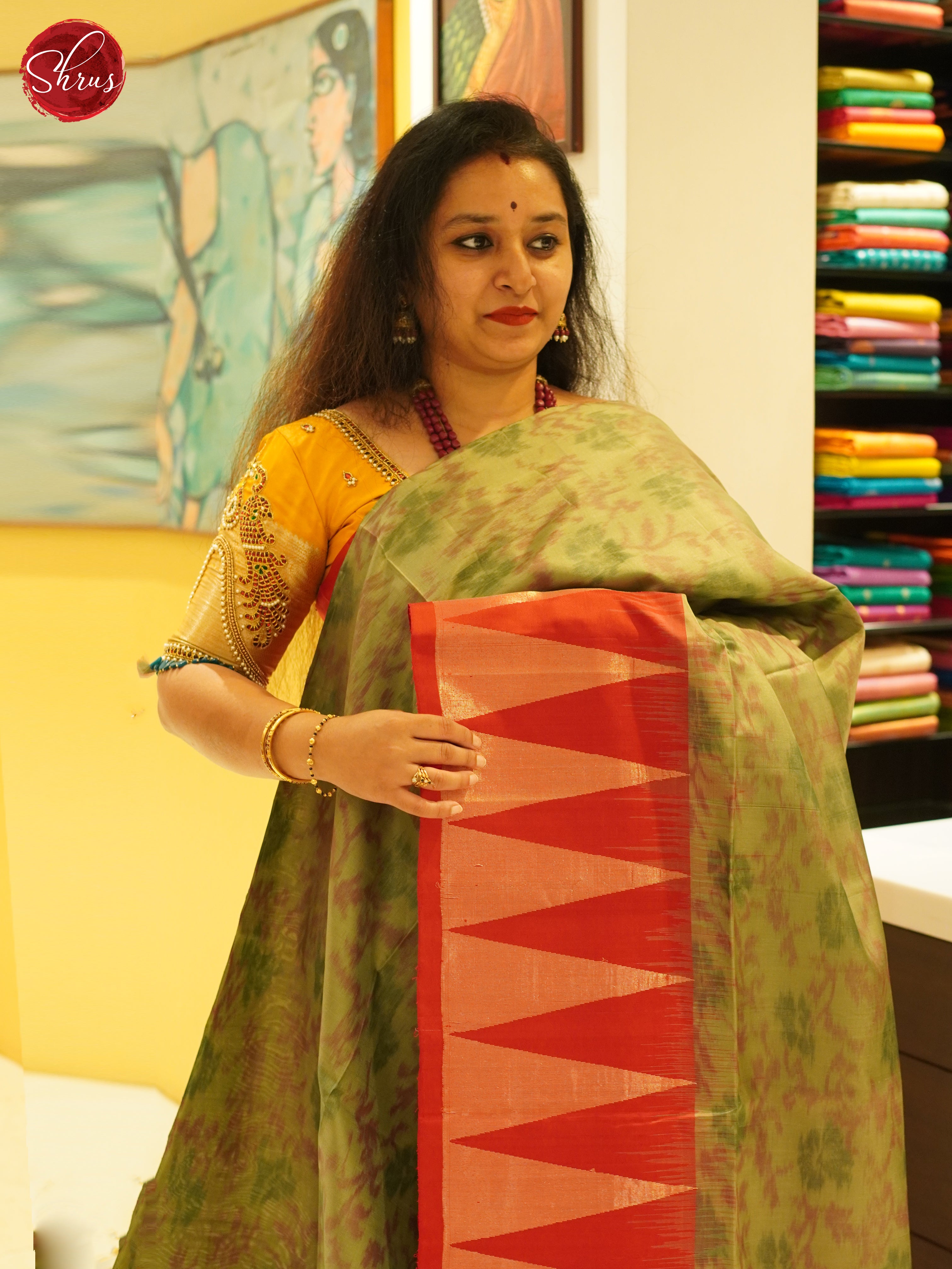 Artistic Olive Green Soft Silk Saree With Ikat Pattern, Red Temple Border & Brocade Pallu