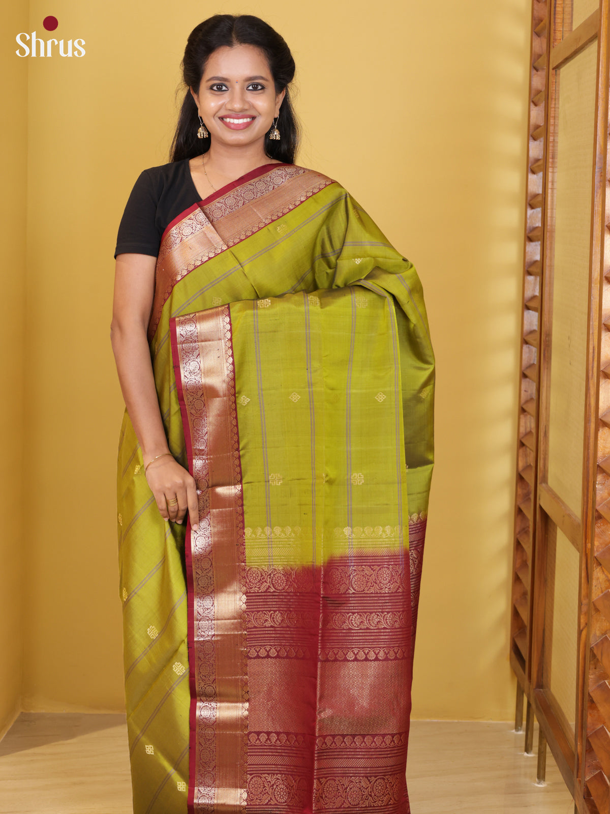 Buy Lustrous Olive Green Soft Silk Saree With Lines, Zari Buttas & Maroon Border & Pallu