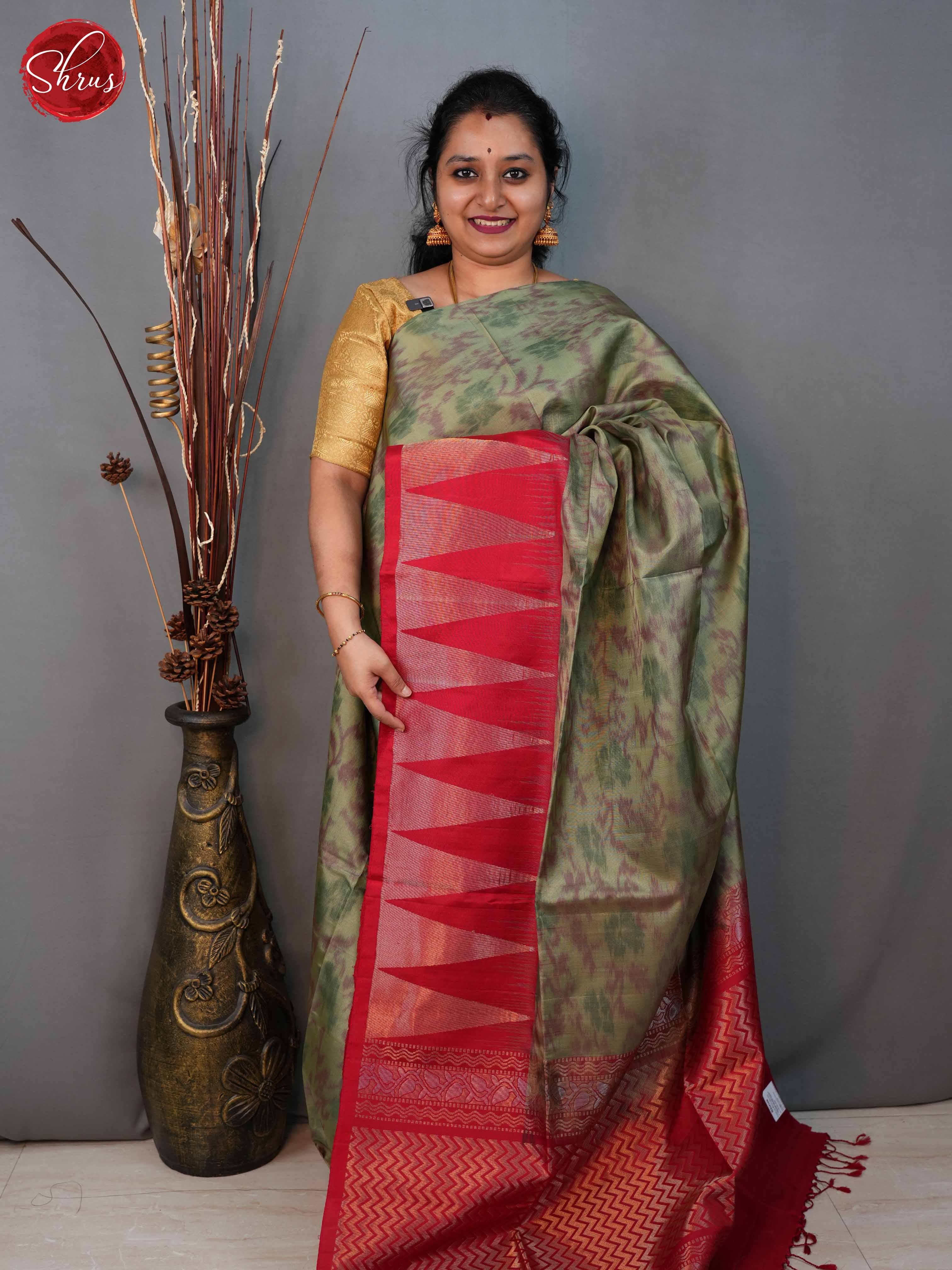 Artistic Olive Green Soft Silk Sarees With Ikat Pattern, Red Temple Border & Brocade Pallu