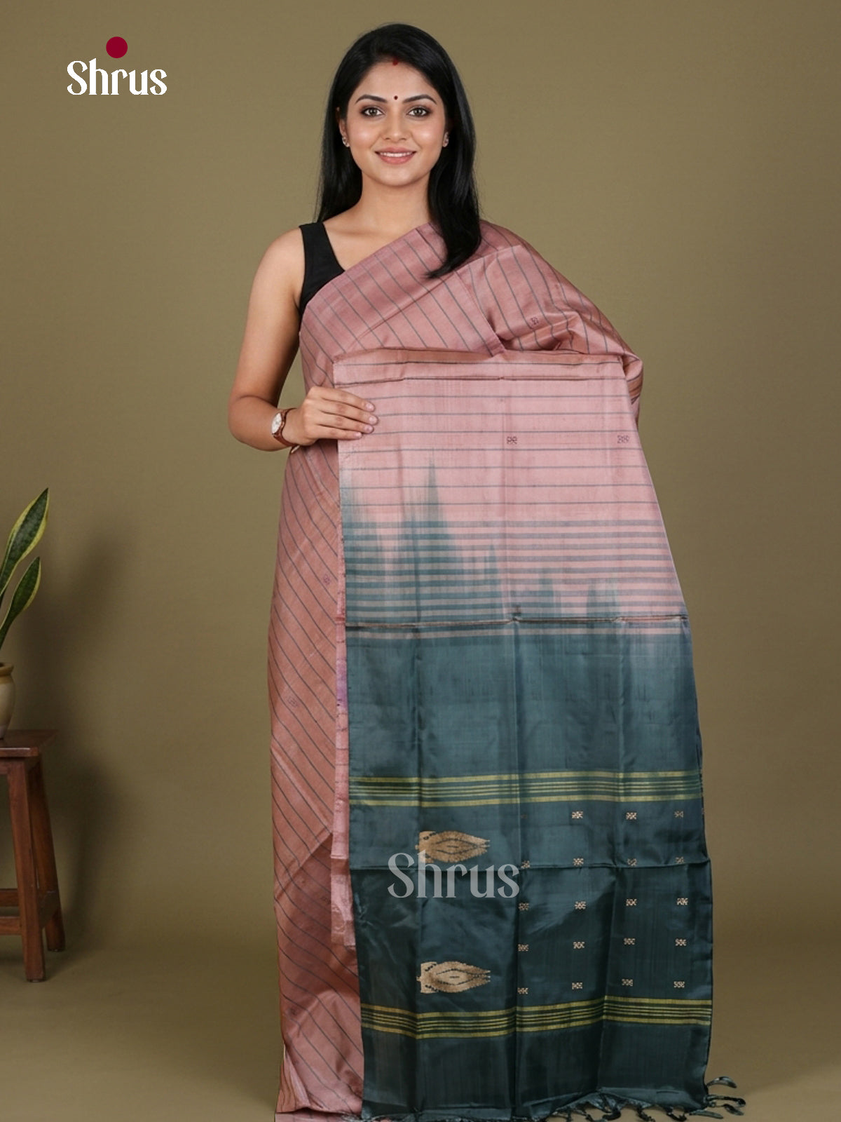 Buy Pastel Onion Pink Banana Pith Saree With Thread Woven Stripes & Teal Green Zari Pallu