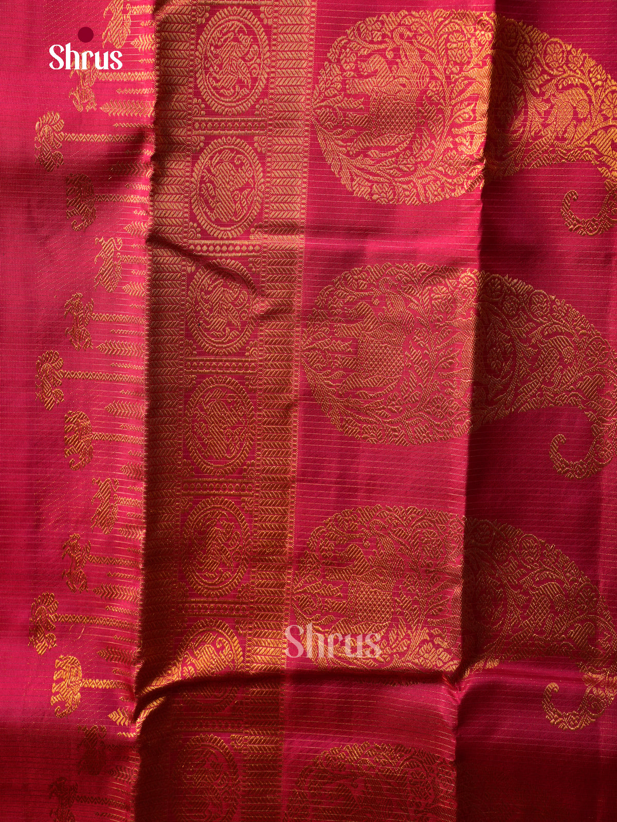 Opulent Cream Kanchipuram Pattu Saree With Zari Checks & Round Buttas | Dark Pink Broad Zari Border