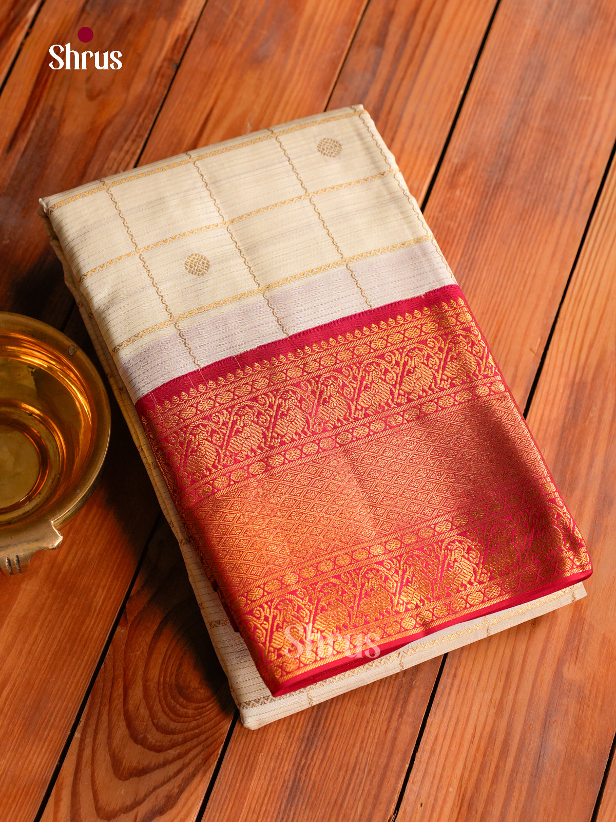 Opulent Cream Kanchipuram Silk Saree With Zari Checks & Round Buttas | Dark Pink Broad Zari Border