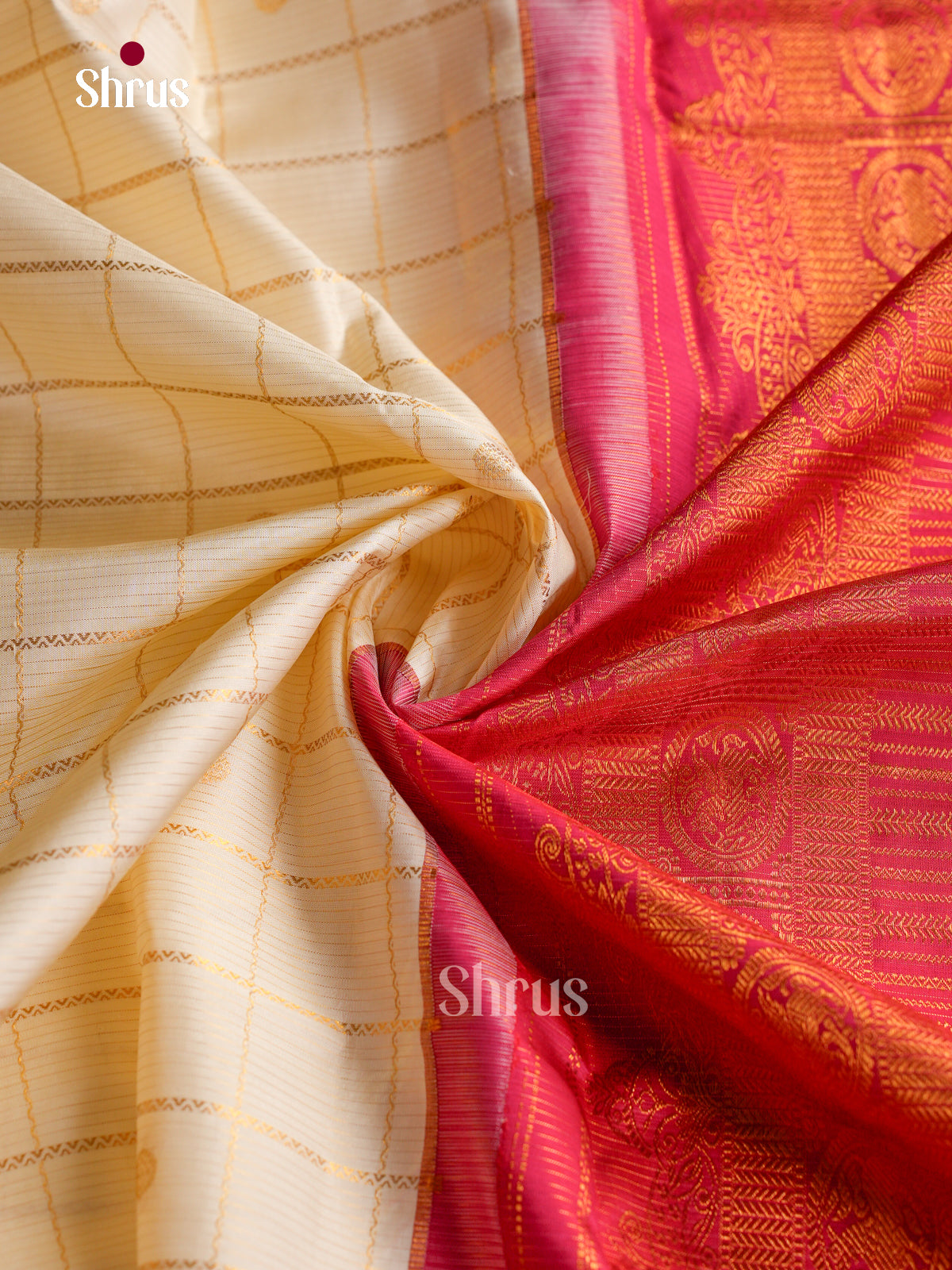 Opulent Cream Silk Saree With Zari Checks & Round Buttas | Dark Pink Broad Zari Border