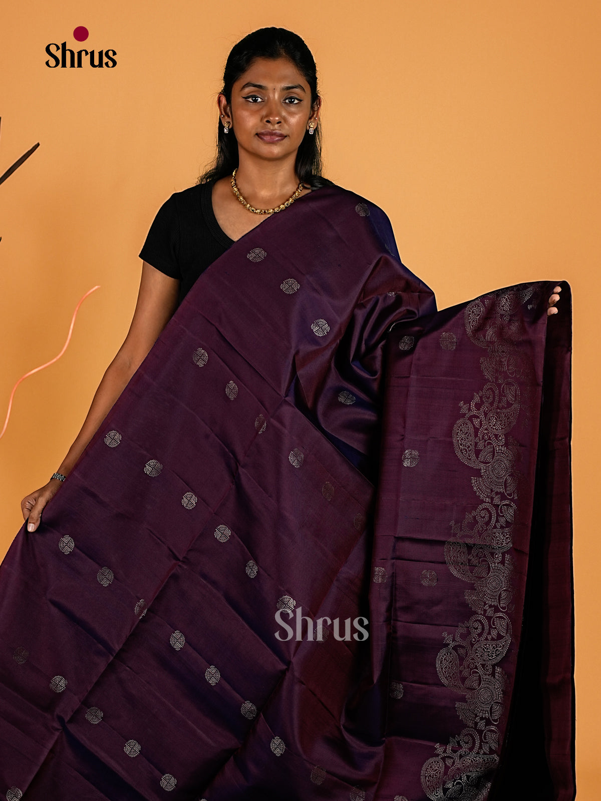Opulent Deep Plum Soft Silk Sarees with Silver Zari Motifs, Paisley Inspired Floral Border & Pallu 1