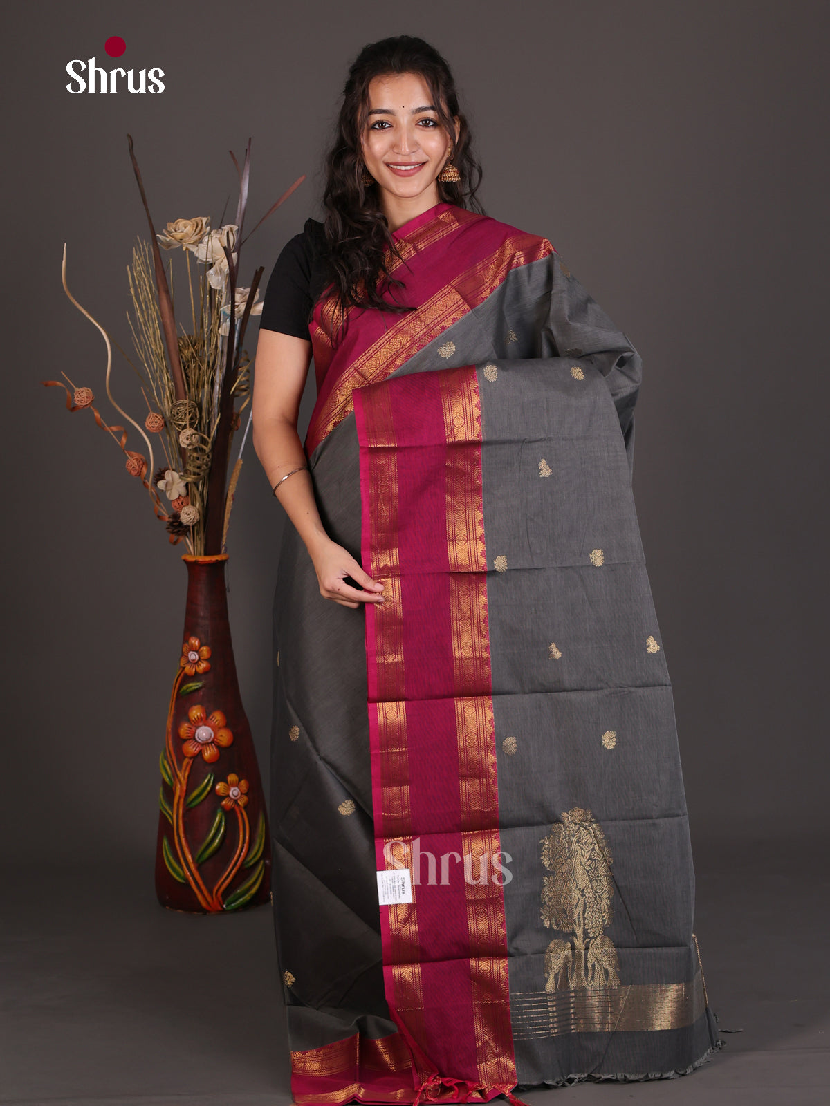 Opulent Grey Chettinad Cotton Saree With Gold Buttas & Maroon Rettapet Zari Border