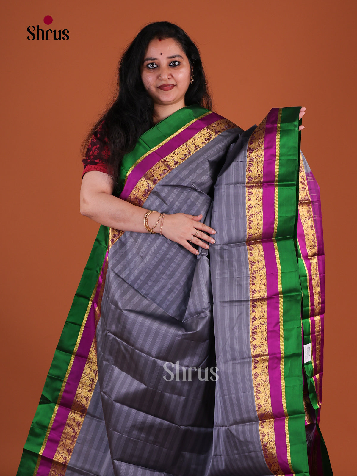 Opulent Grey Kanchipuram Pattu Saree With Self Stripes | Dual Green & Magenta Border With Zari Bands