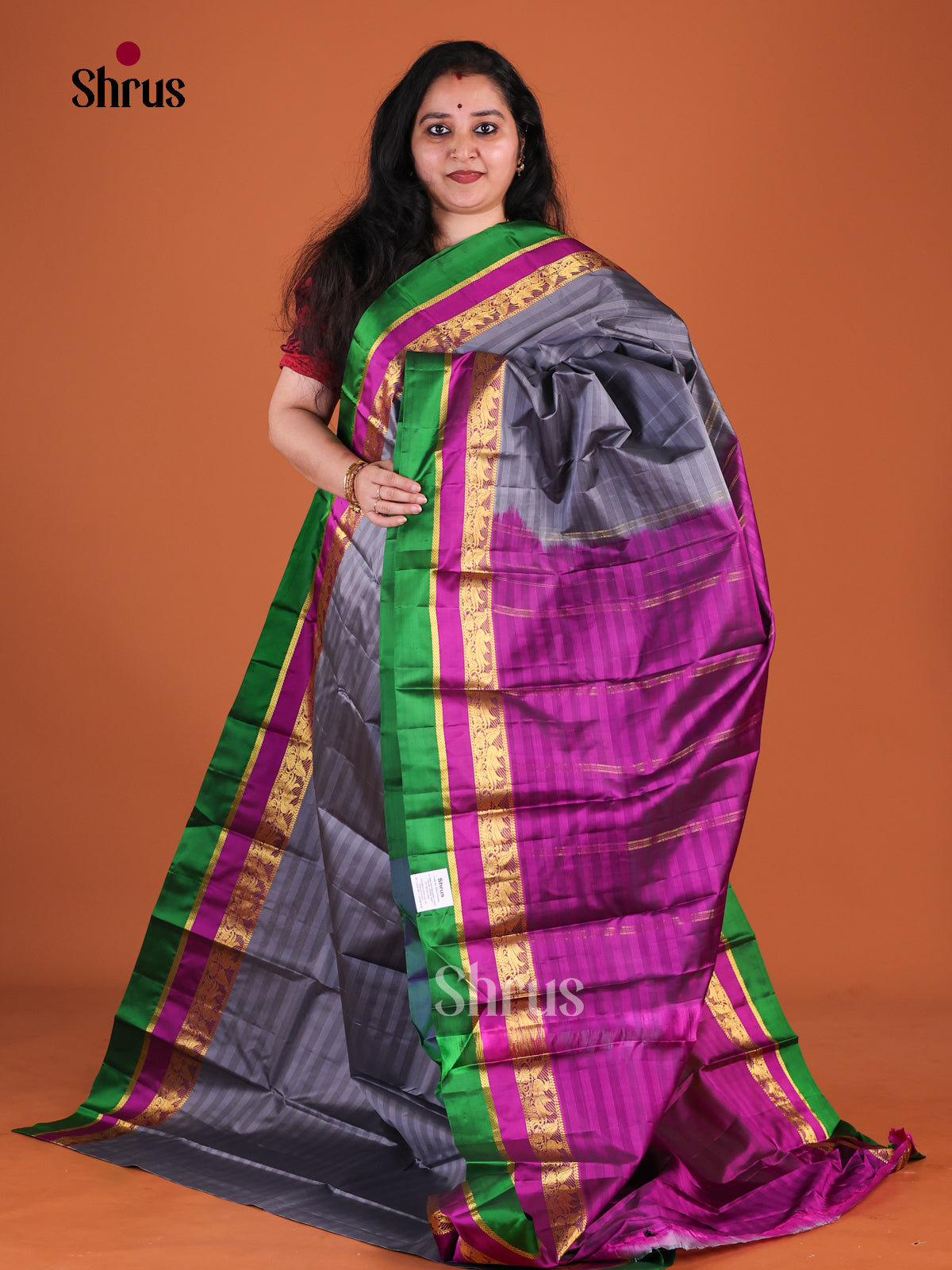 Opulent Grey Kanchipuram Silk Saree With Self Stripes | Dual Green & Magenta Border With Zari Bands