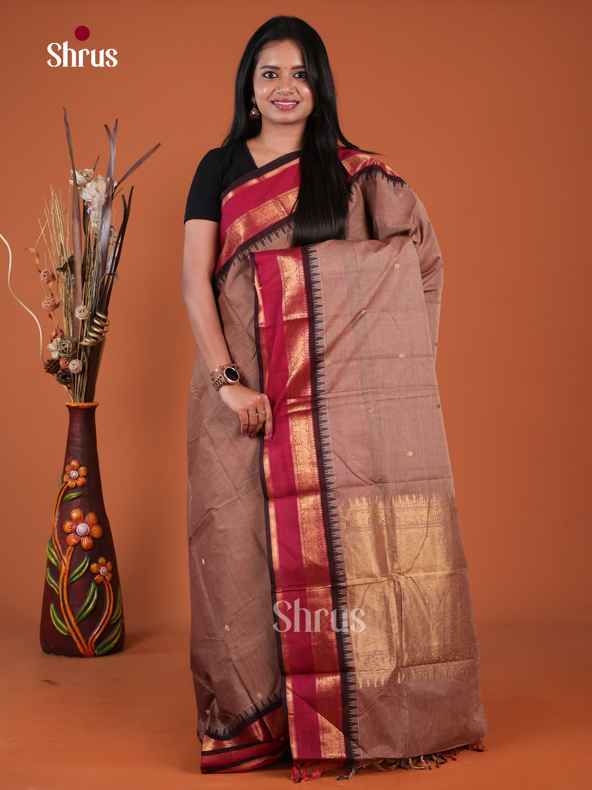Opulent Light Brown Chettinad Cotton Saree With Golden Buttas & Brown Rettapet Temple Zari Border