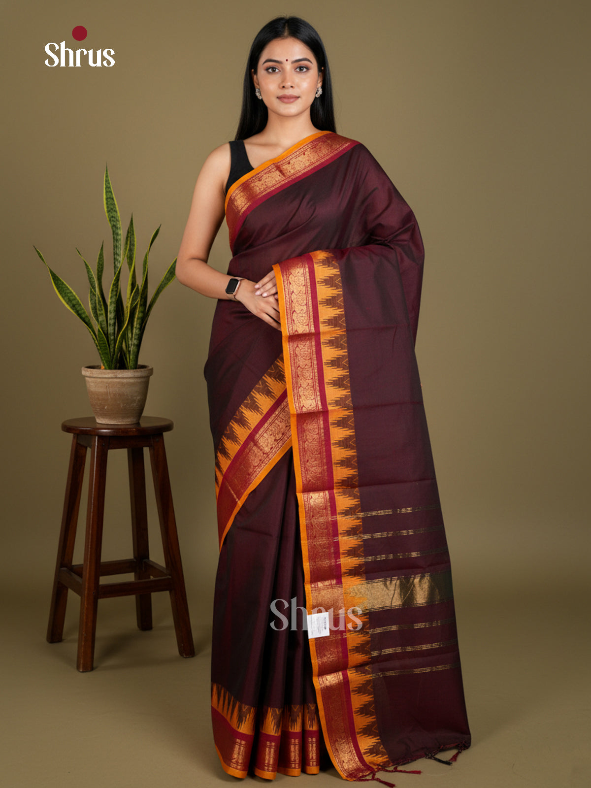 Opulent Maroon Chettinad Cotton Saree With Mustard Zari Woven Temple Border