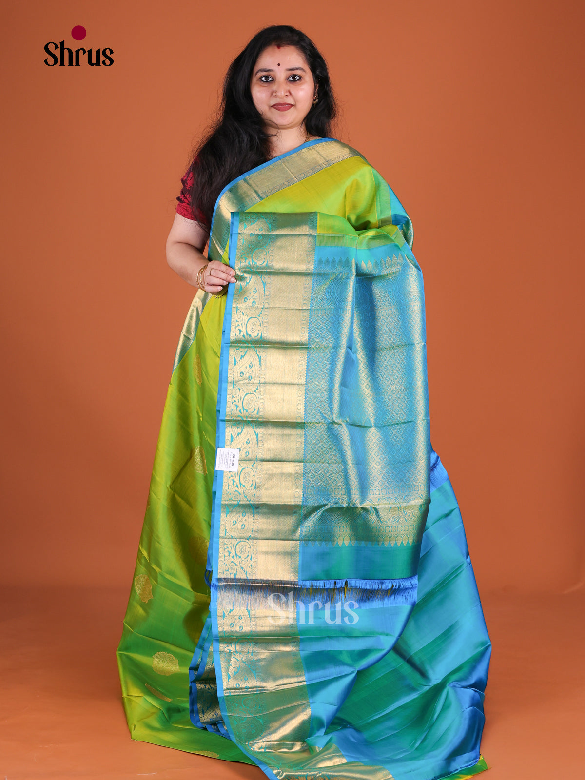 Opulent Parrot Green Kanchipuram silk Saree With Paisley Inspired Motifs | Sky Blue Zari Border & Brocade Pallu