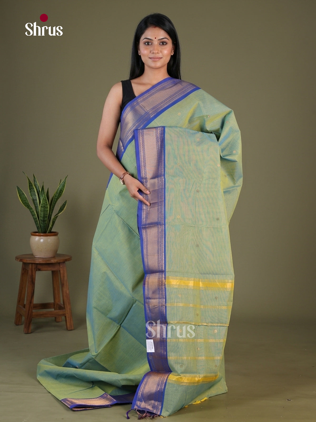 Opulent Pastel Sea Green Chettinad Cotton Saree With Woven Buttas & Royal Blue Zari Border