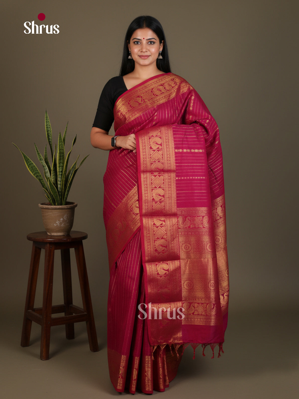 Opulent Pink Chettinad Cotton Saree With Golden Stripes, Floral Buttas & Brocade Pallu