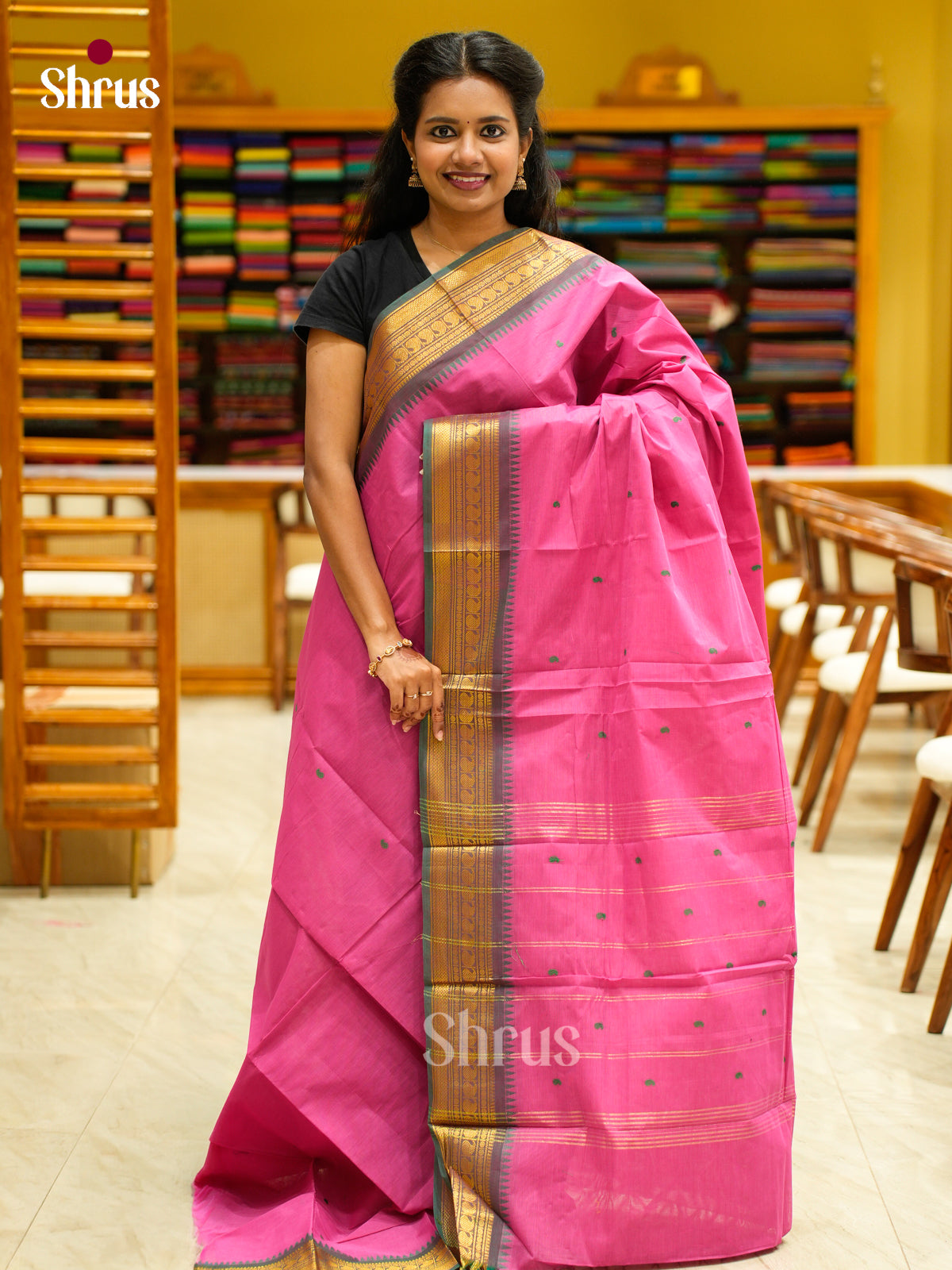 Opulent Rose Pink Chettinad Cotton Saree With Thread Buttas & Green Zari Border