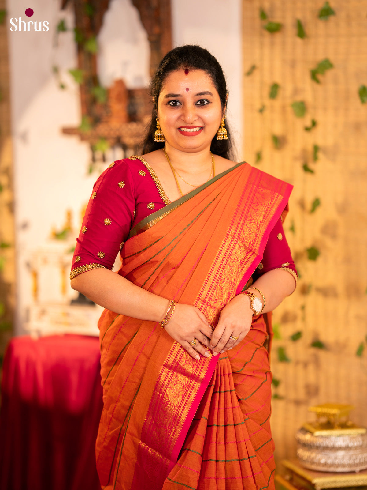 Luminous Orange Chettinad Cotton Saree With Stripes & Ganga Jamuna Border 