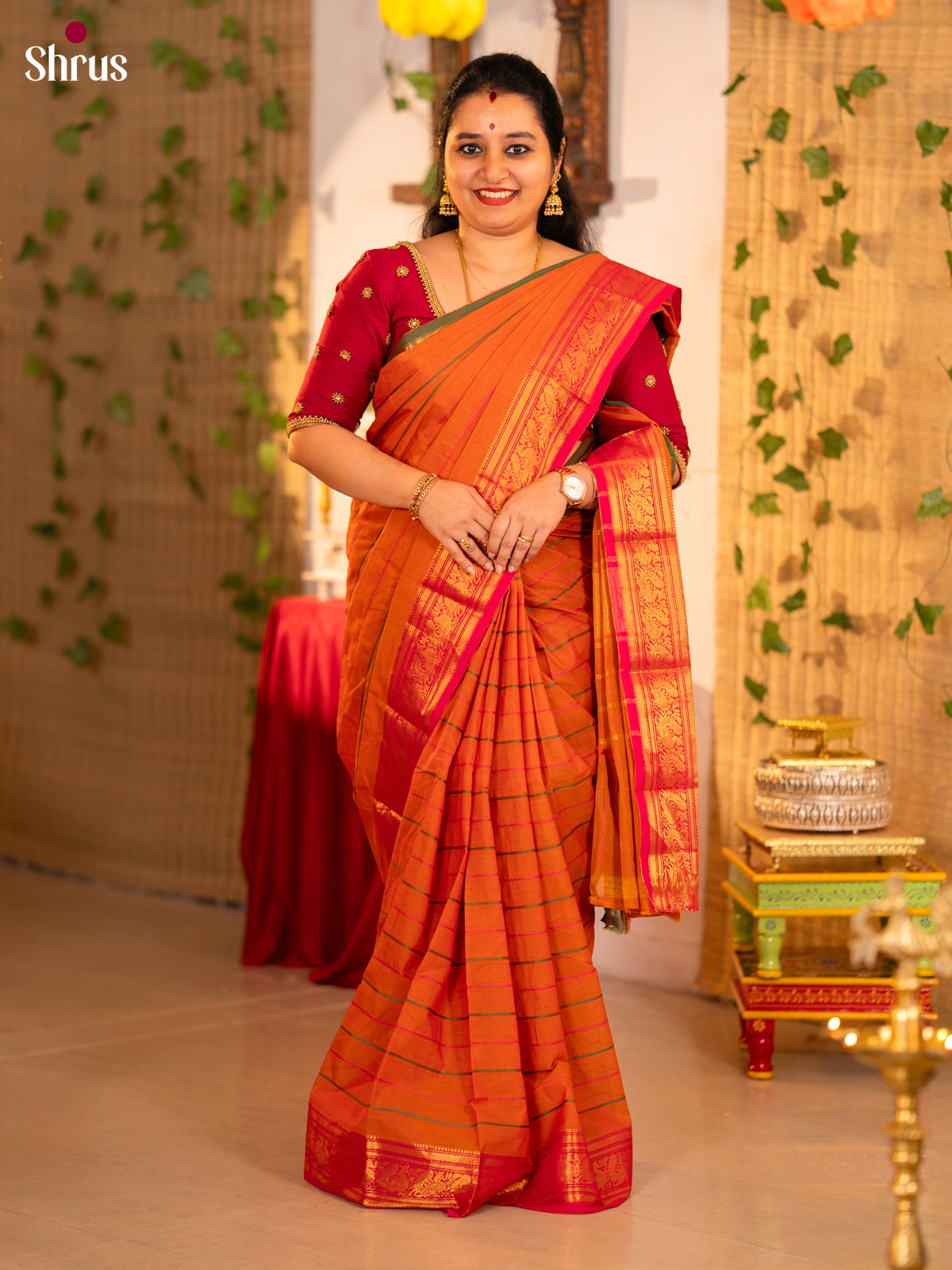 Luminous Orange Chettinad Cotton Sarees With Stripes & Ganga Jamuna Border 