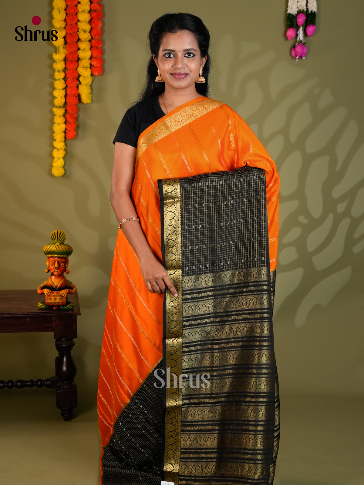 Buy Vivid Orange Half & Half Mysore Silk Saree with Gold Stripes, Black Checks & Zari Pallu