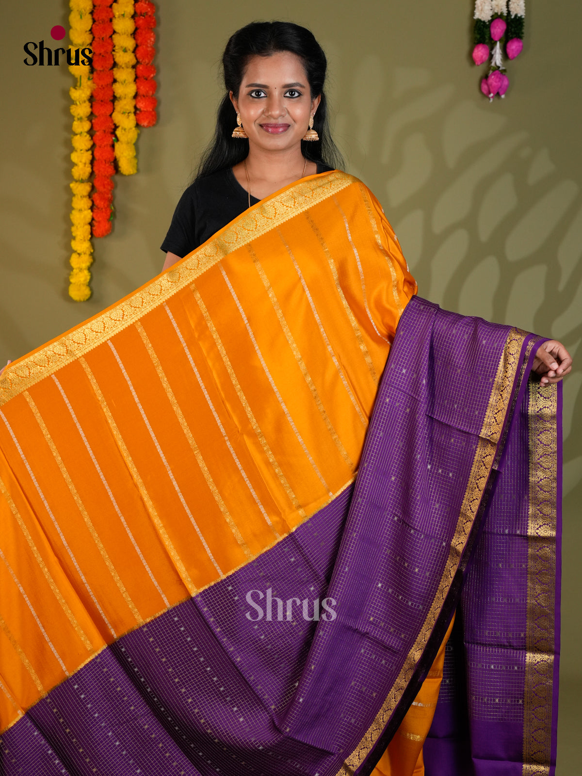 Buy Regal Orange Half & Half Mysore Silk Sarees with Zari Stripes, Violet Checks & Traditional Pallu