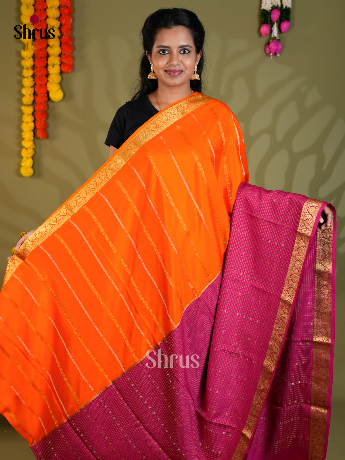 Buy Exquisite Orange Half & Half Pure Mysore Silk Saree with Gold Stripes, Purple Checks & Zari Pallu