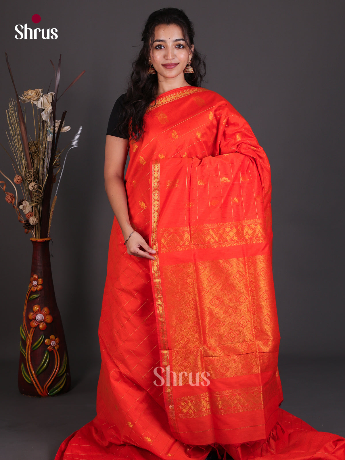 Vivid Orange Kalyani Cotton Saree With Golden Checks, Buttas, Thin Zari Border & Zari Pallu