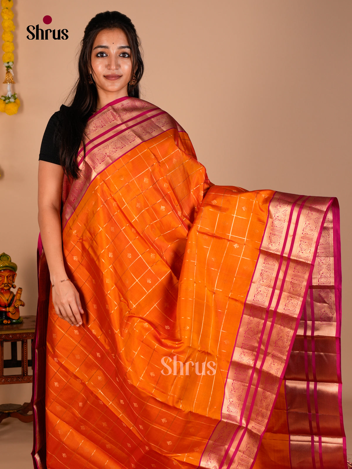 Buy Vivid Orange Kanchipuram Saree With Golden Checks, Buttas, Pink Zari Woven Big Border & Pallu