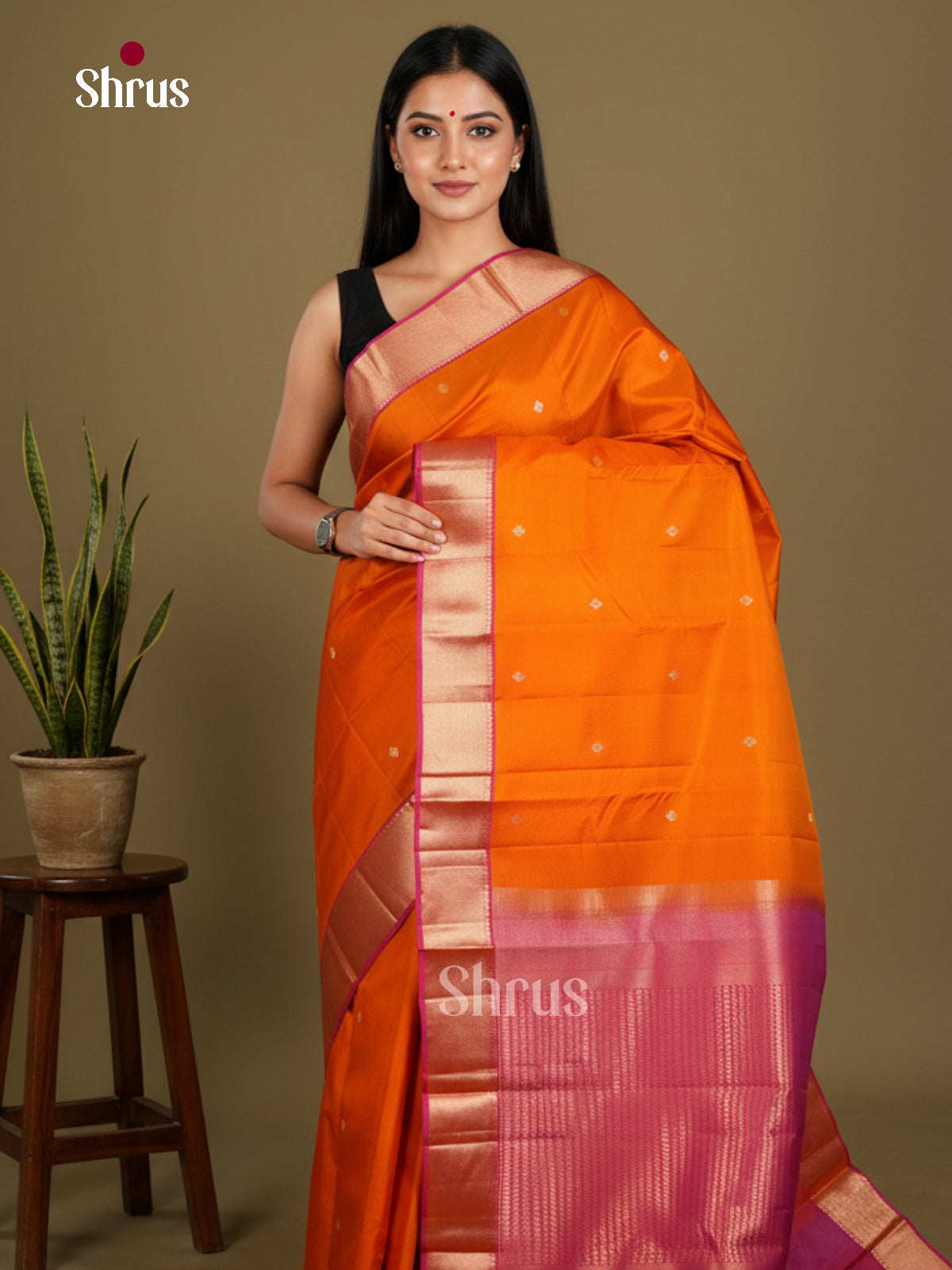 Buy Radiant Orange Kanchipuram Saree with Gold Buttas, Kaddi Border & Pink Pallu