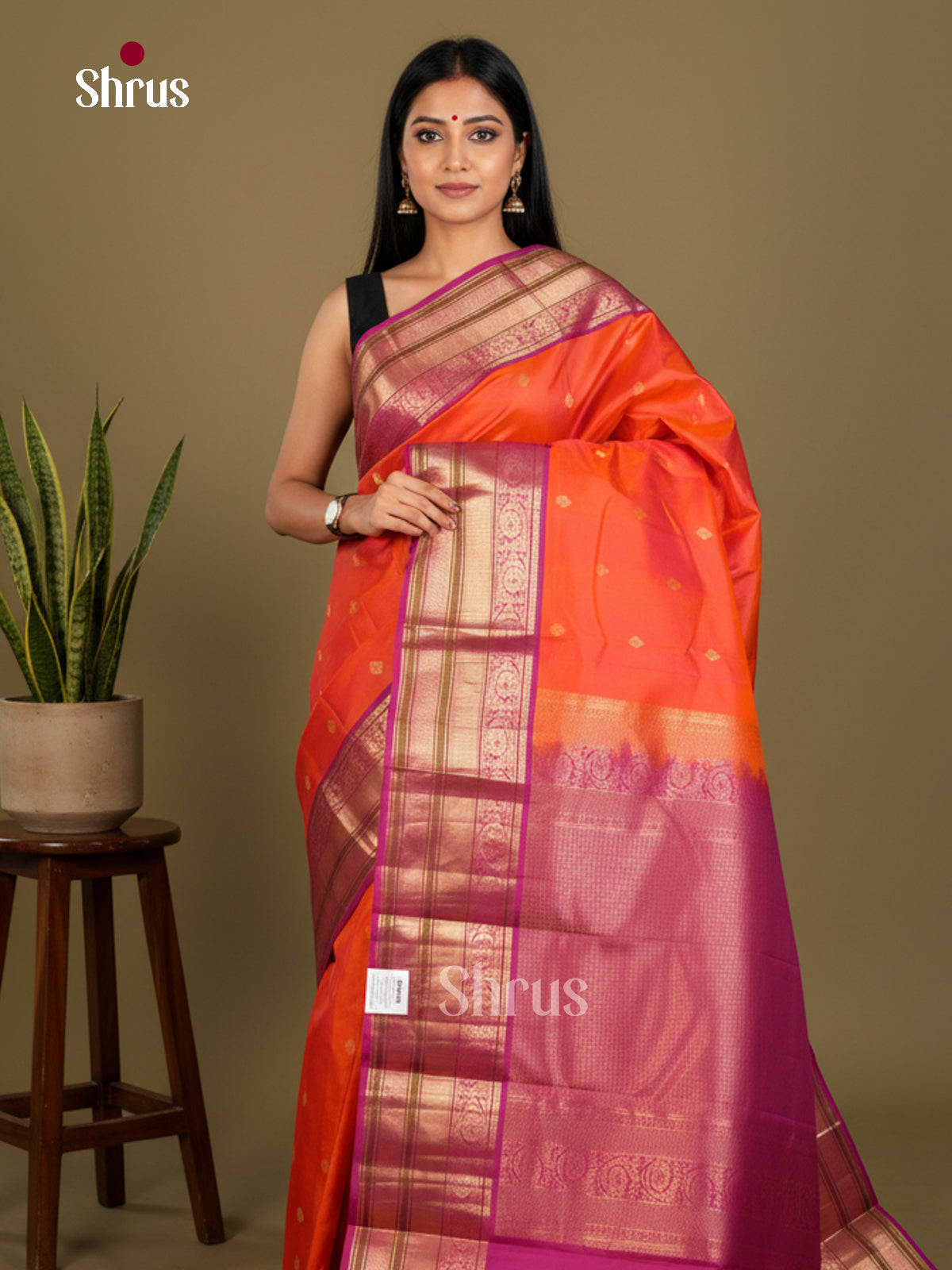 Buy Pretty Orange Kanchipuram Saree with Gold Floral Buttas, Big Zari Border & Purple Brocade Pallu
