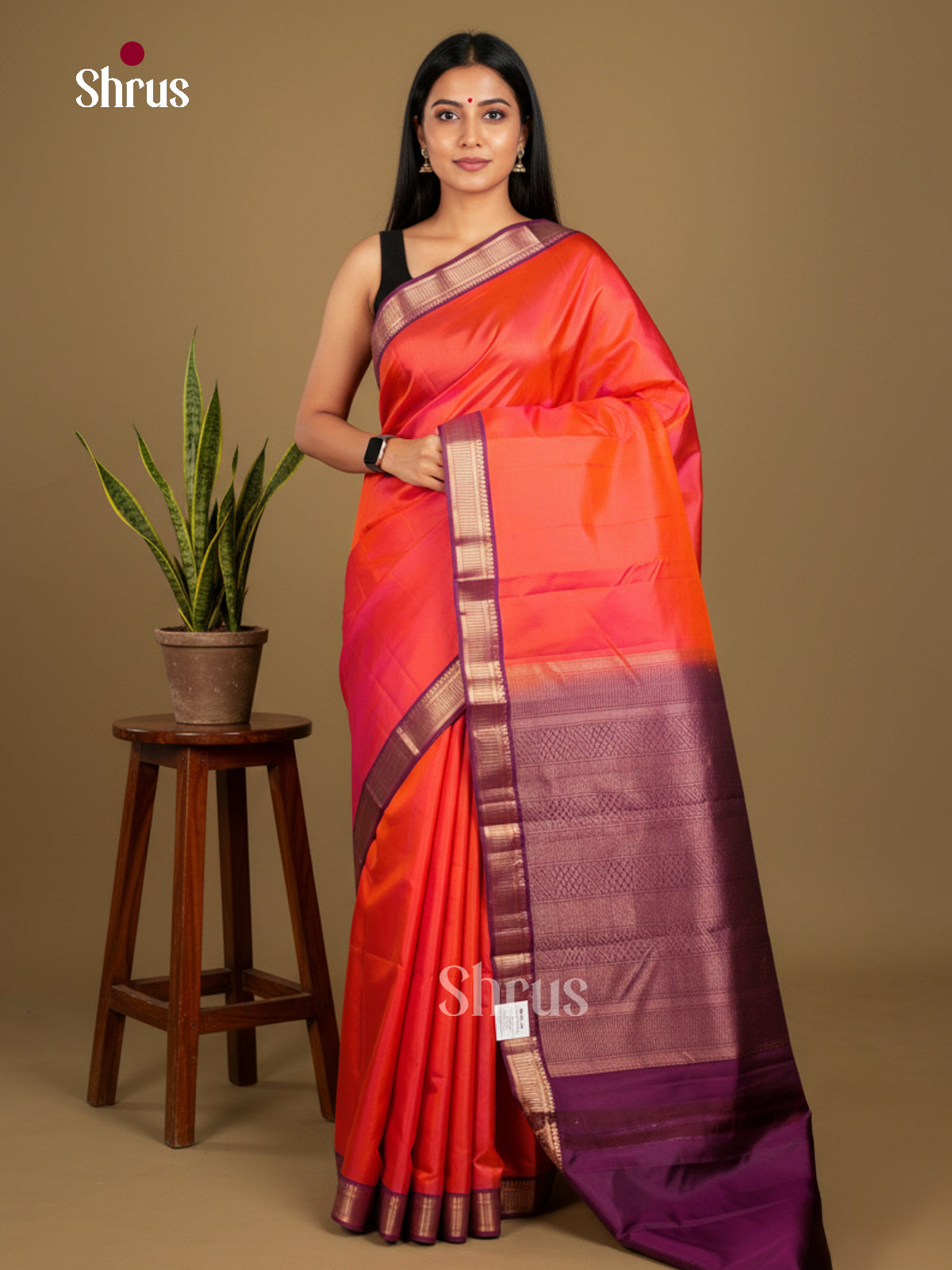 Buy Enchanting Orange Kanchipuram Silk Saree With Small Purple Zari Border & Brocade Pallu