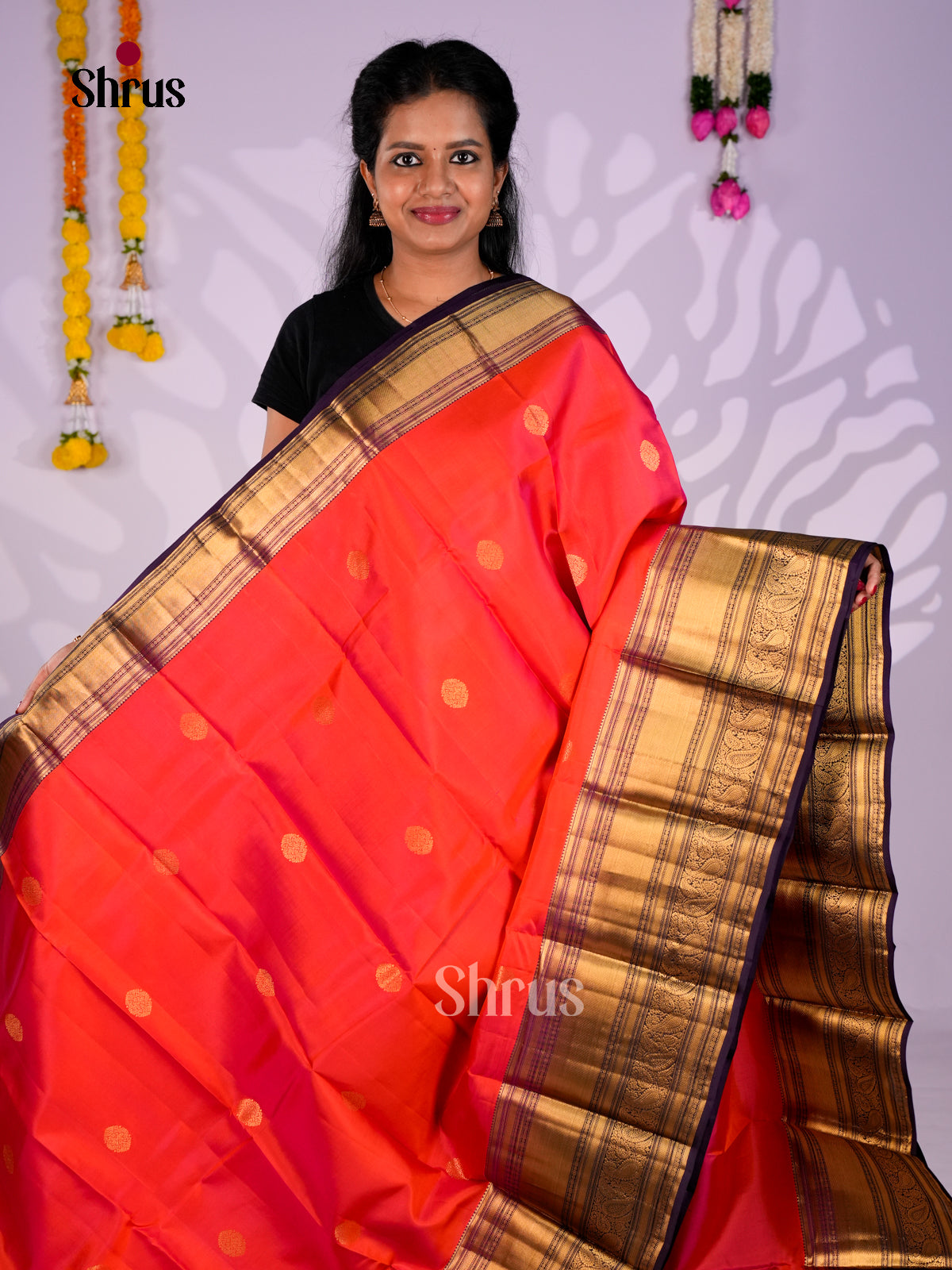 Buy Radiant Orange Kanchipuram Silk Sarees With Coin Buttas & Dark Violet Brocade Pallu
