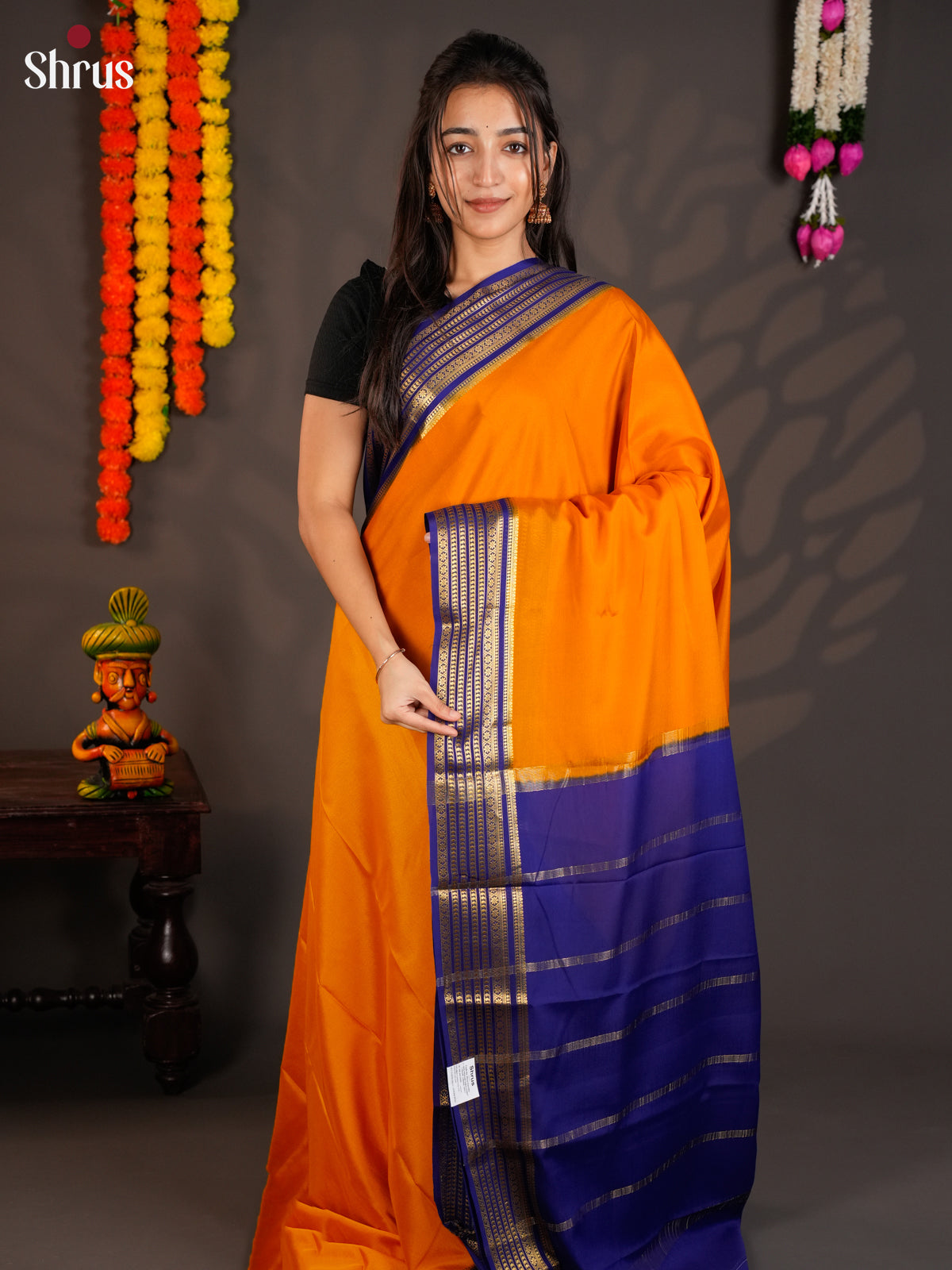 Buy Regal Orange Mysore Crepe Silk Saree with Plain Body, Dark Blue Zari Striped Border & Traditional Pallu