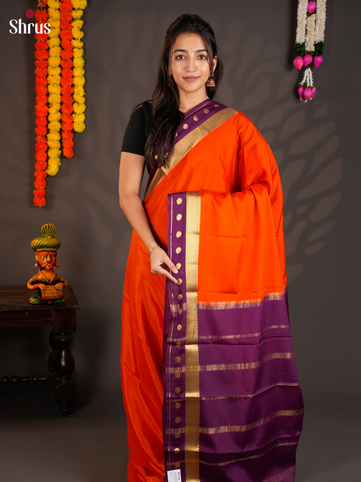 Buy Luminous Orange Mysore Crepe Silk Saree with Plain Body, Purple Border With Zari Buttas & Chit Pallu