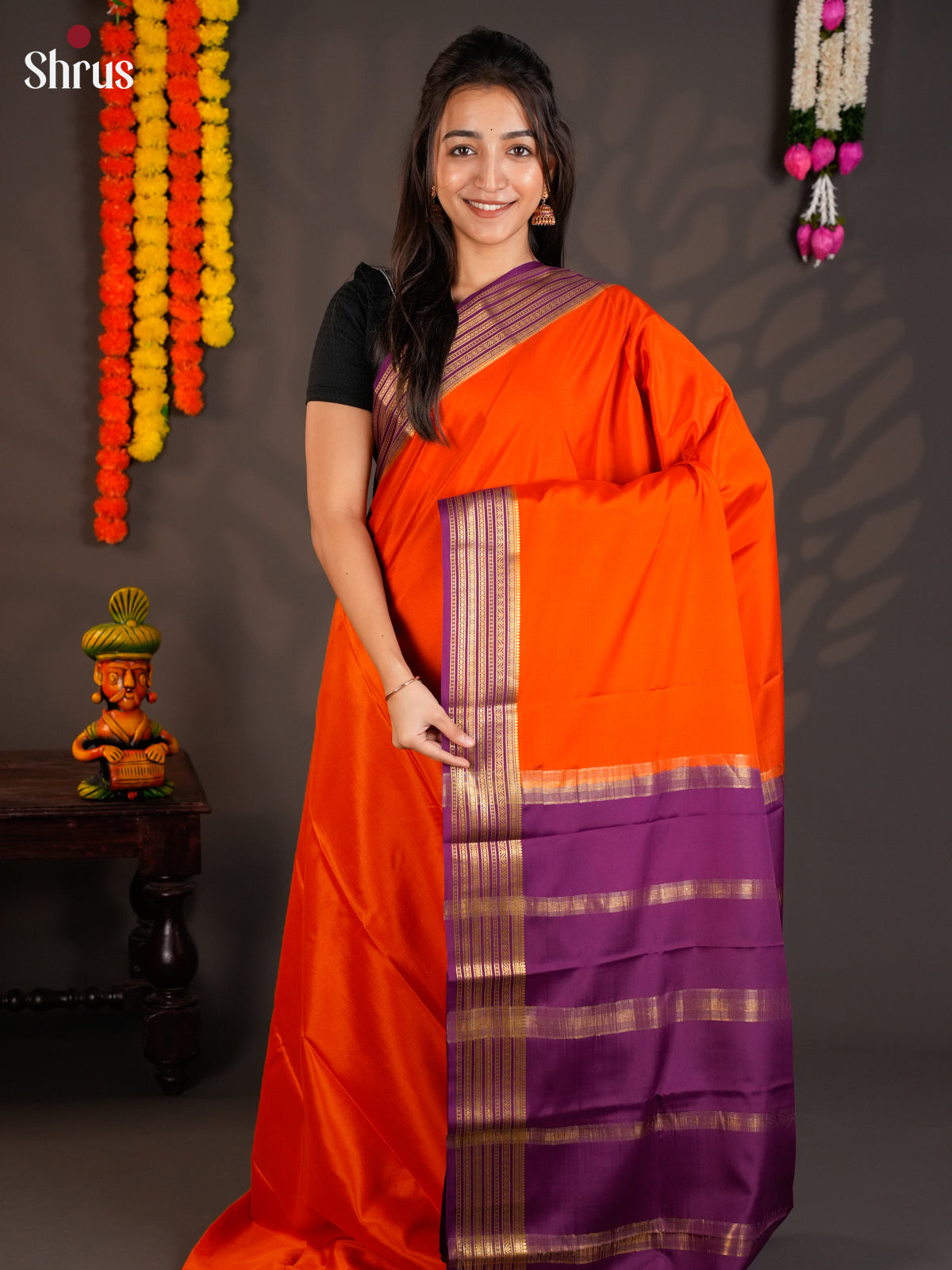Buy Radiant Orange Mysore Crepe Silk Saree with Plain Body, Purple Zari Striped Border & Chit Pallu