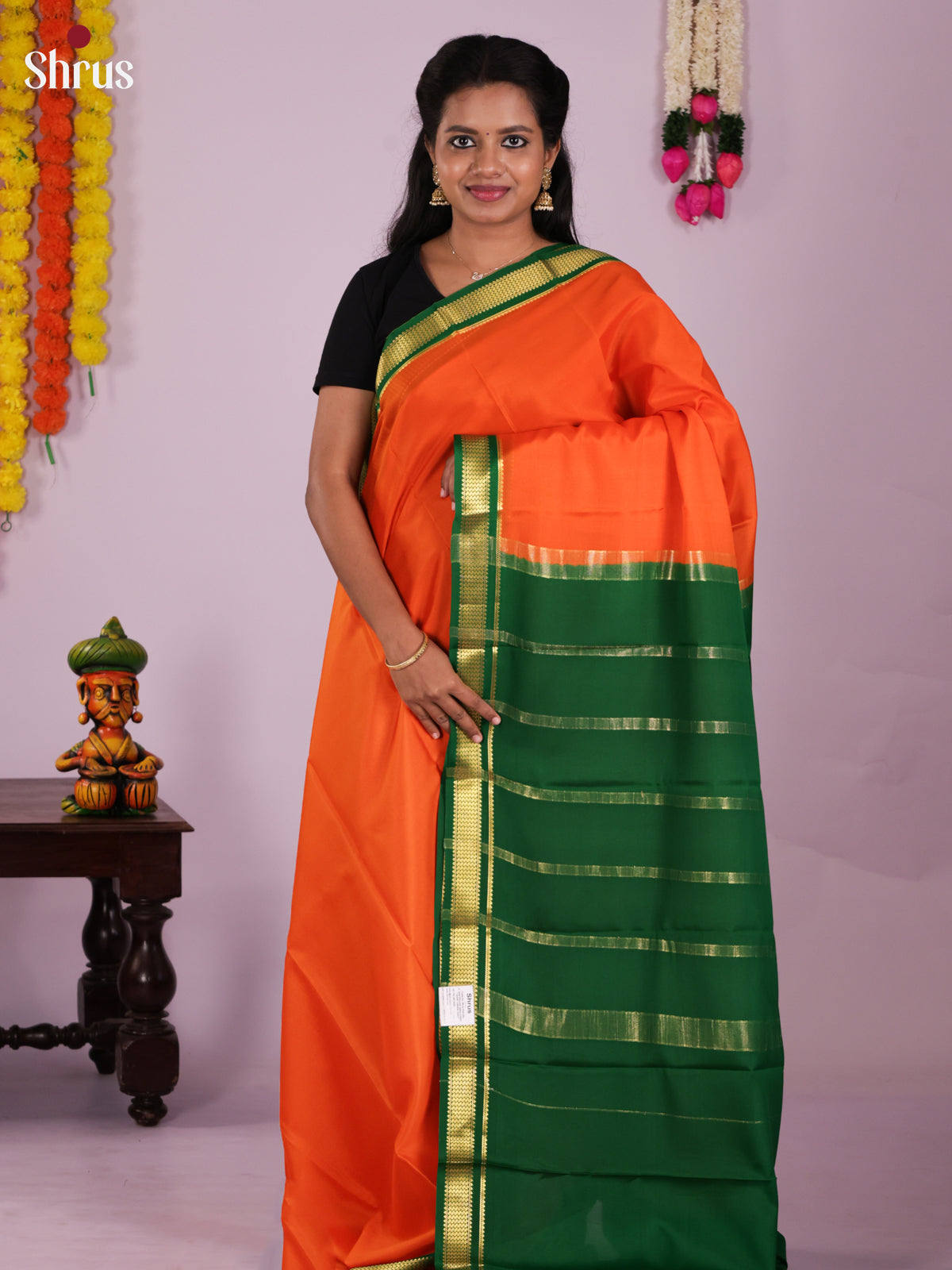 Buy Bright Orange Mysore Silk Saree With Small Zari Woven Border & Green Chit Pallu