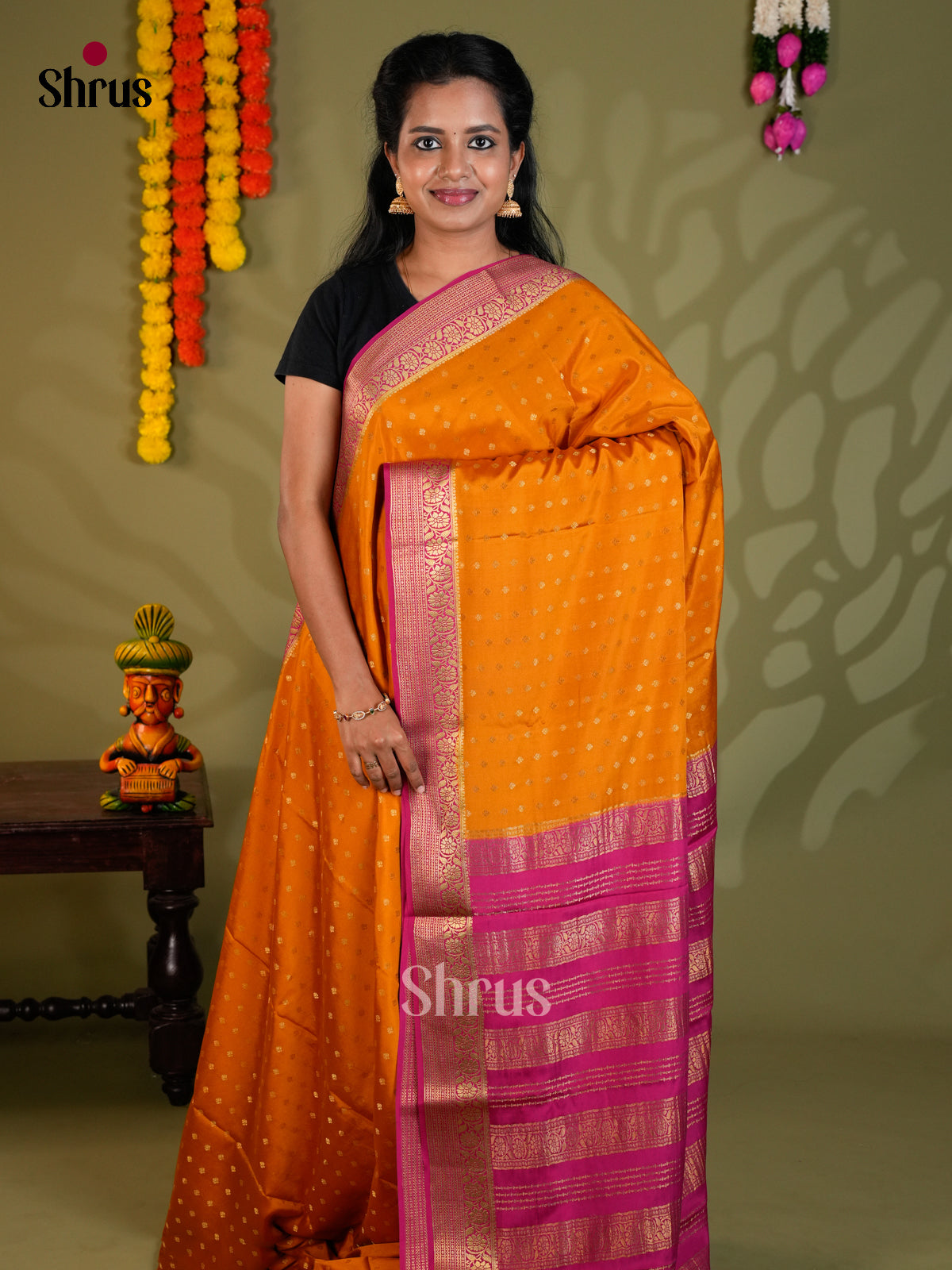 Buy Radiant Orange Mysore Silk Saree with Gold Zari Buttas, Purple Border & Traditional Pallu