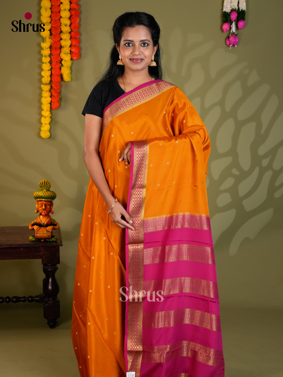 Buy Pretty Orange Mysore Silk Saree with Golden Buttas, Small Zari Border & Magenta Striped Pallu