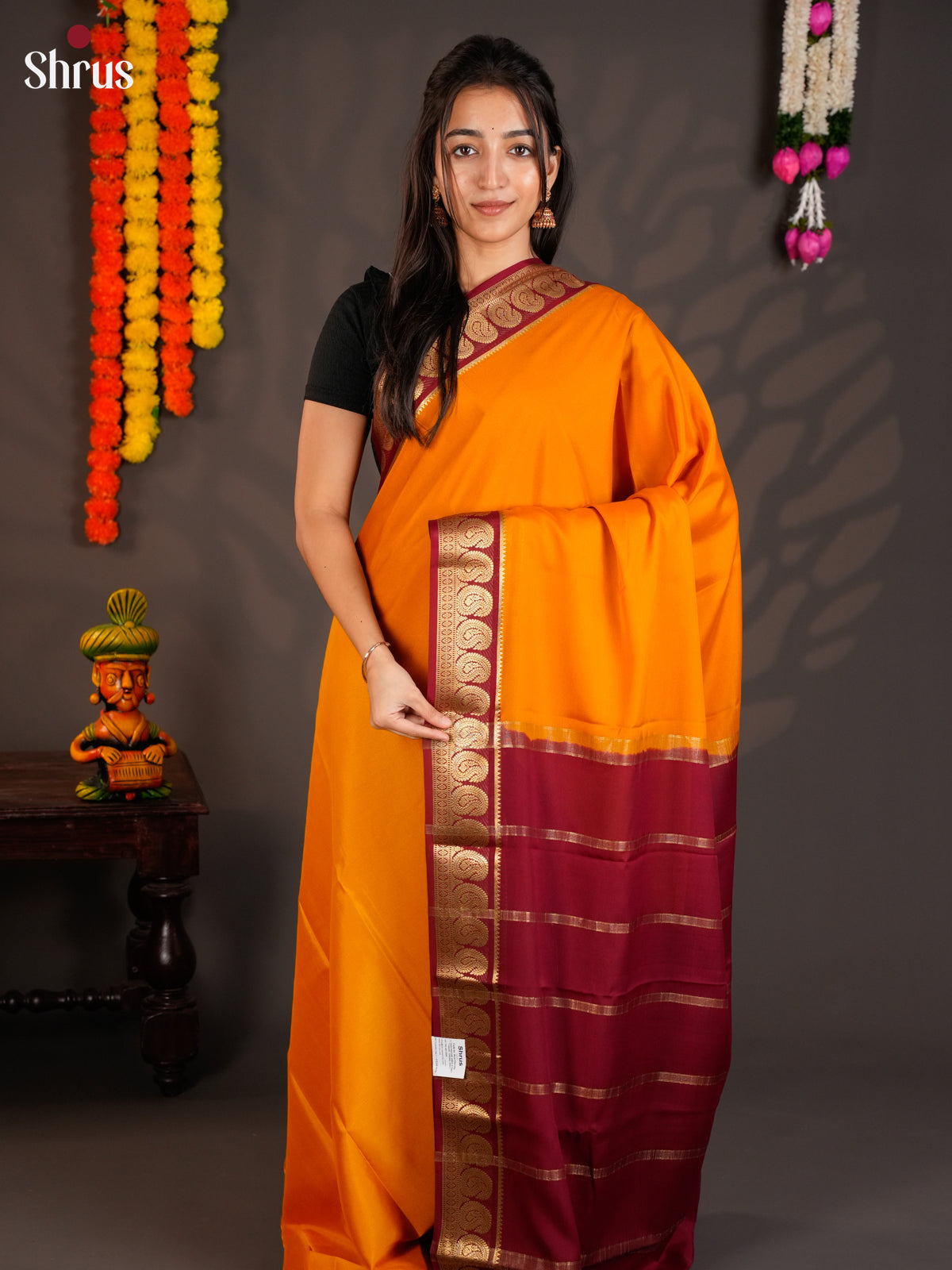 Buy Radiant Orange Mysore Silk Saree with Paisley Motifs Woven Maroon Zari Border & Chit Pallu