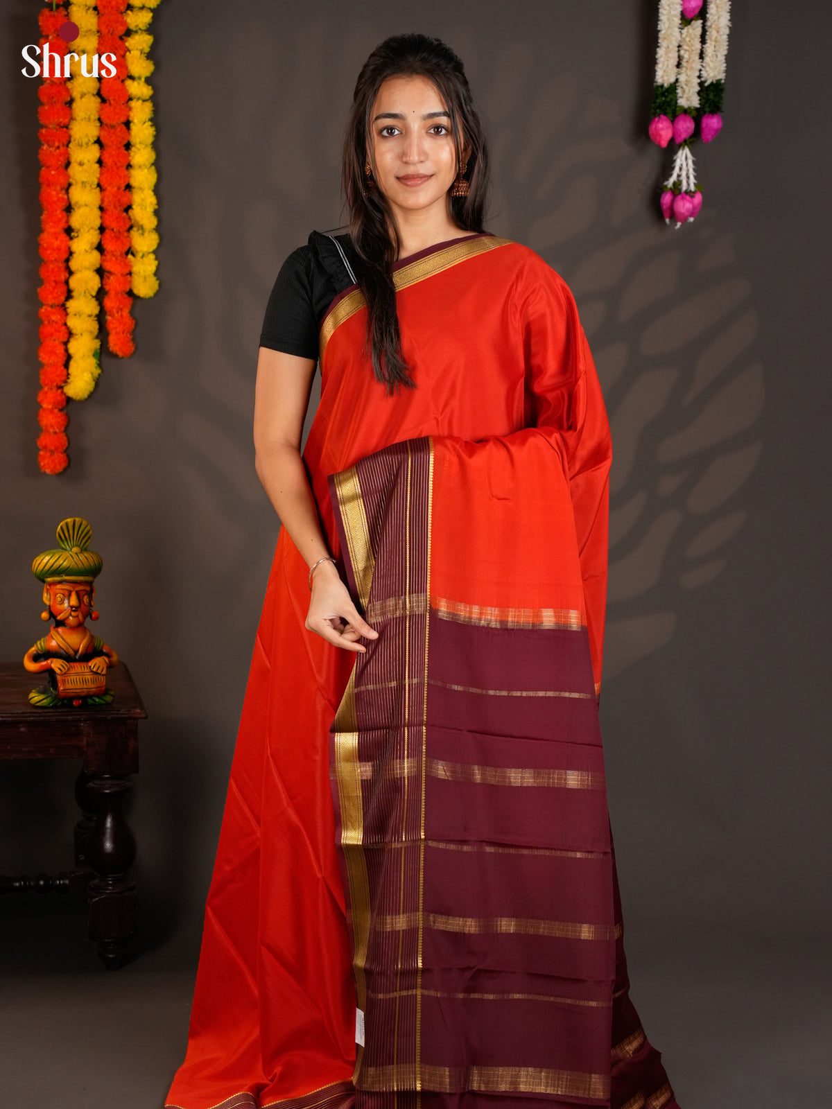 Buy Vibrant Orange Mysore Silk Saree with Plain Body, Maroon Zari Striped Border & Traditional Pallu